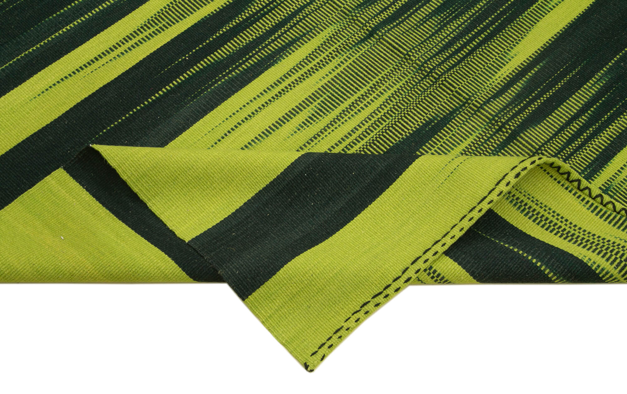 Handmade Area Rug - Green Striped Kilim Cotton Wool Vintage Carpet 5'11''x8'8''