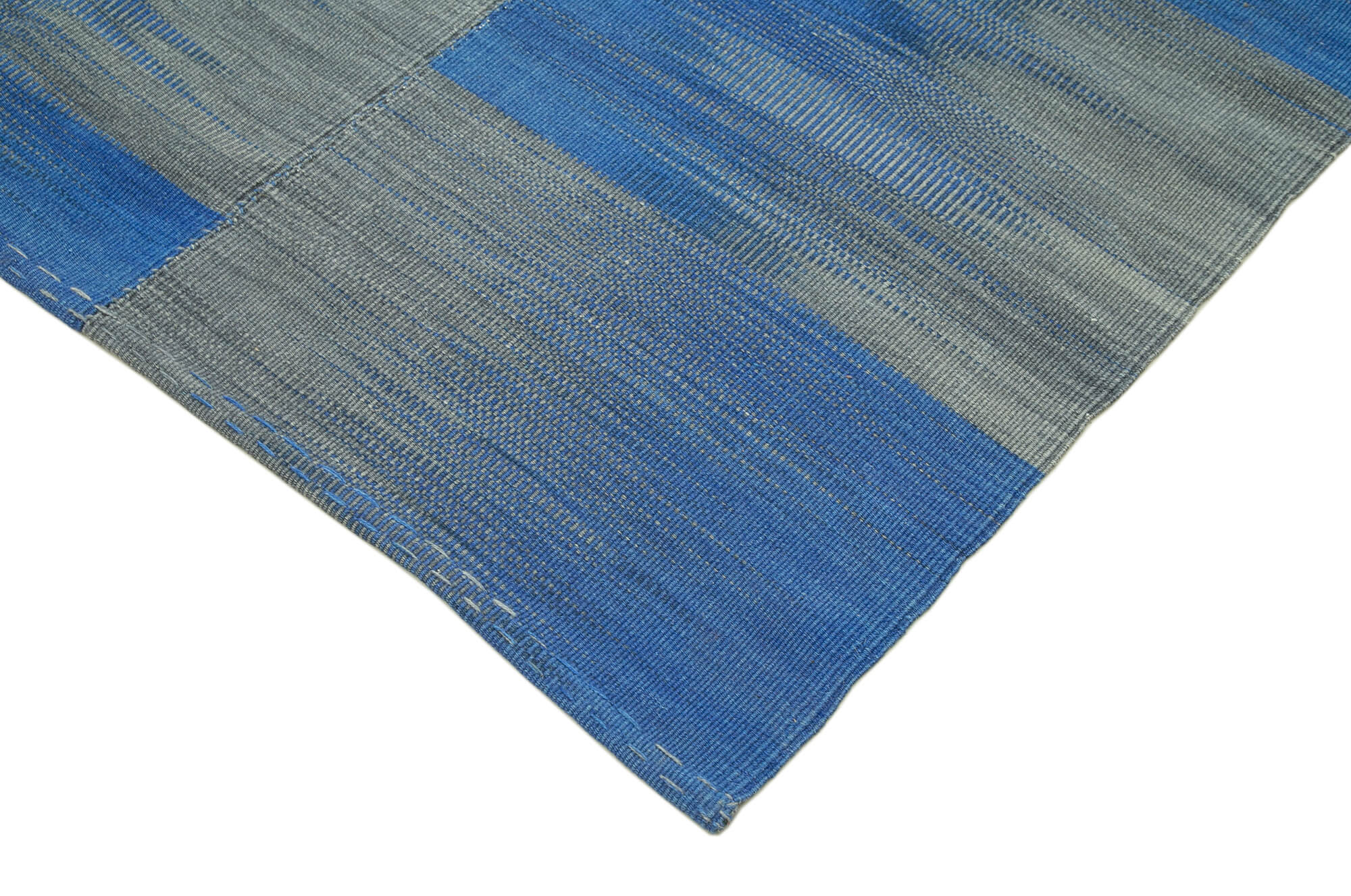 Handmade Area Rug – Blue Striped Kilim Cotton Wool Vintage Carpet 6'6''x10'7''
