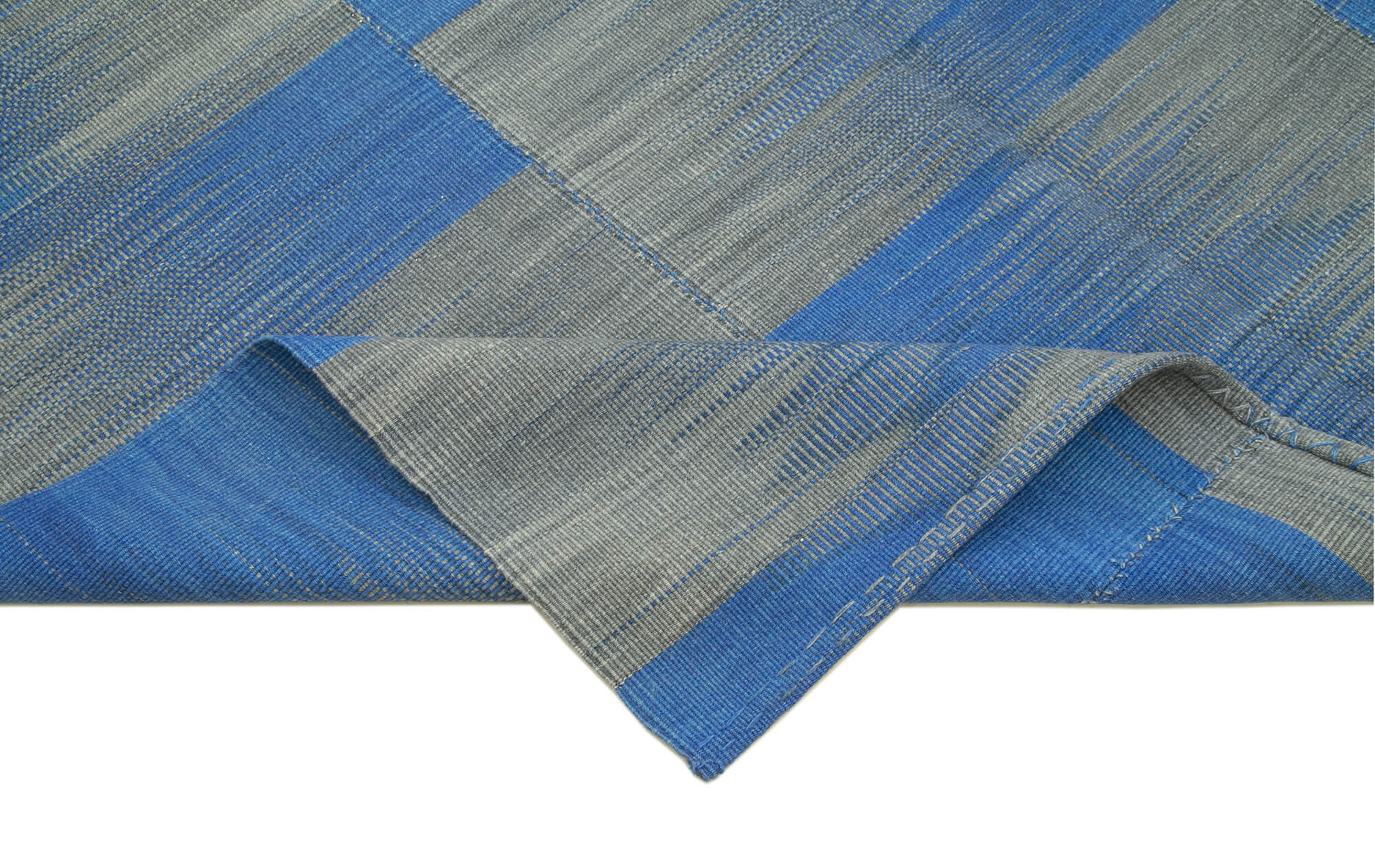 Handmade Area Rug – Blue Striped Kilim Cotton Wool Vintage Carpet 6'6''x10'7''