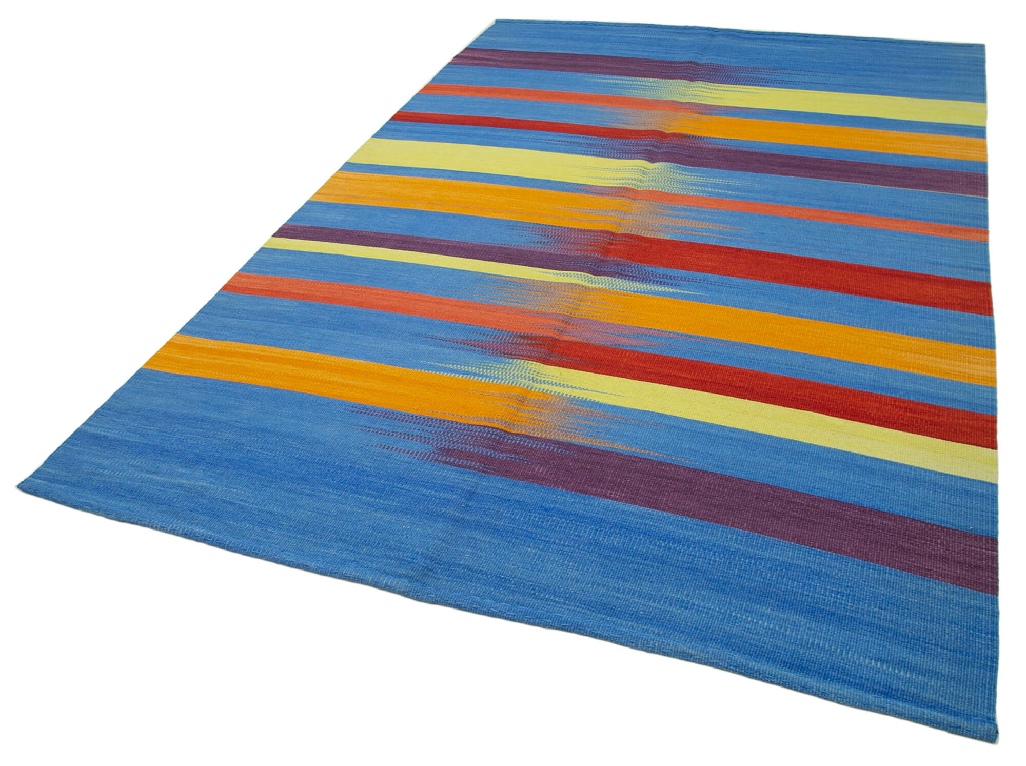 Handmade Cotton Wool Rug - White Striped Turkish Kilim Carpet 5'11''x9'2''