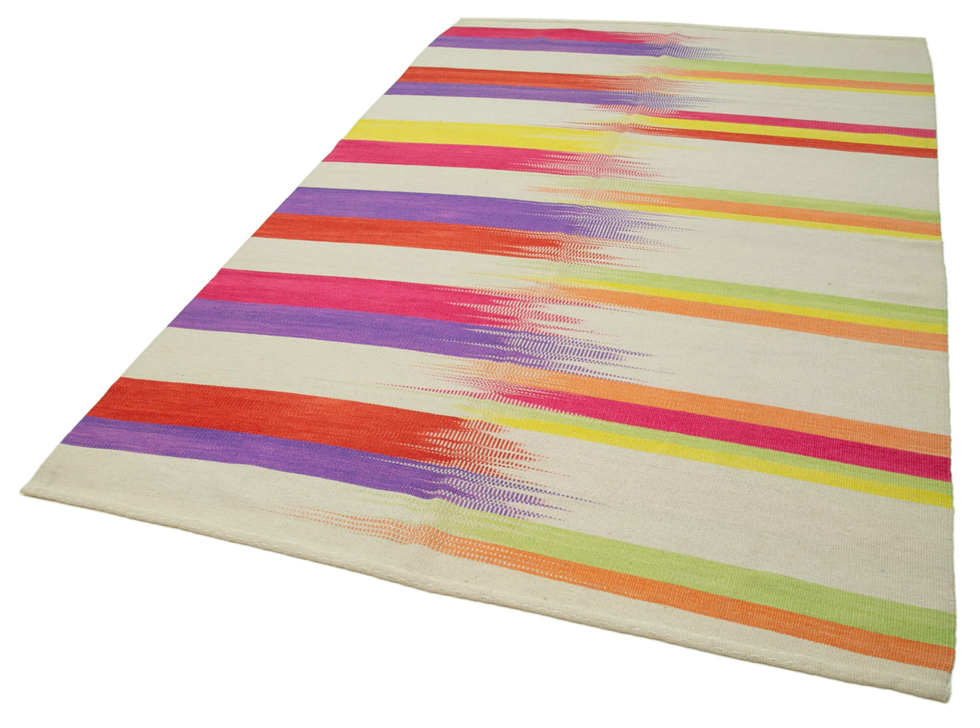 Handmade Wool Area Rug - White Striped Cotton Wool Rug 5'11" x 9'2" Vintage Kilim Carpet