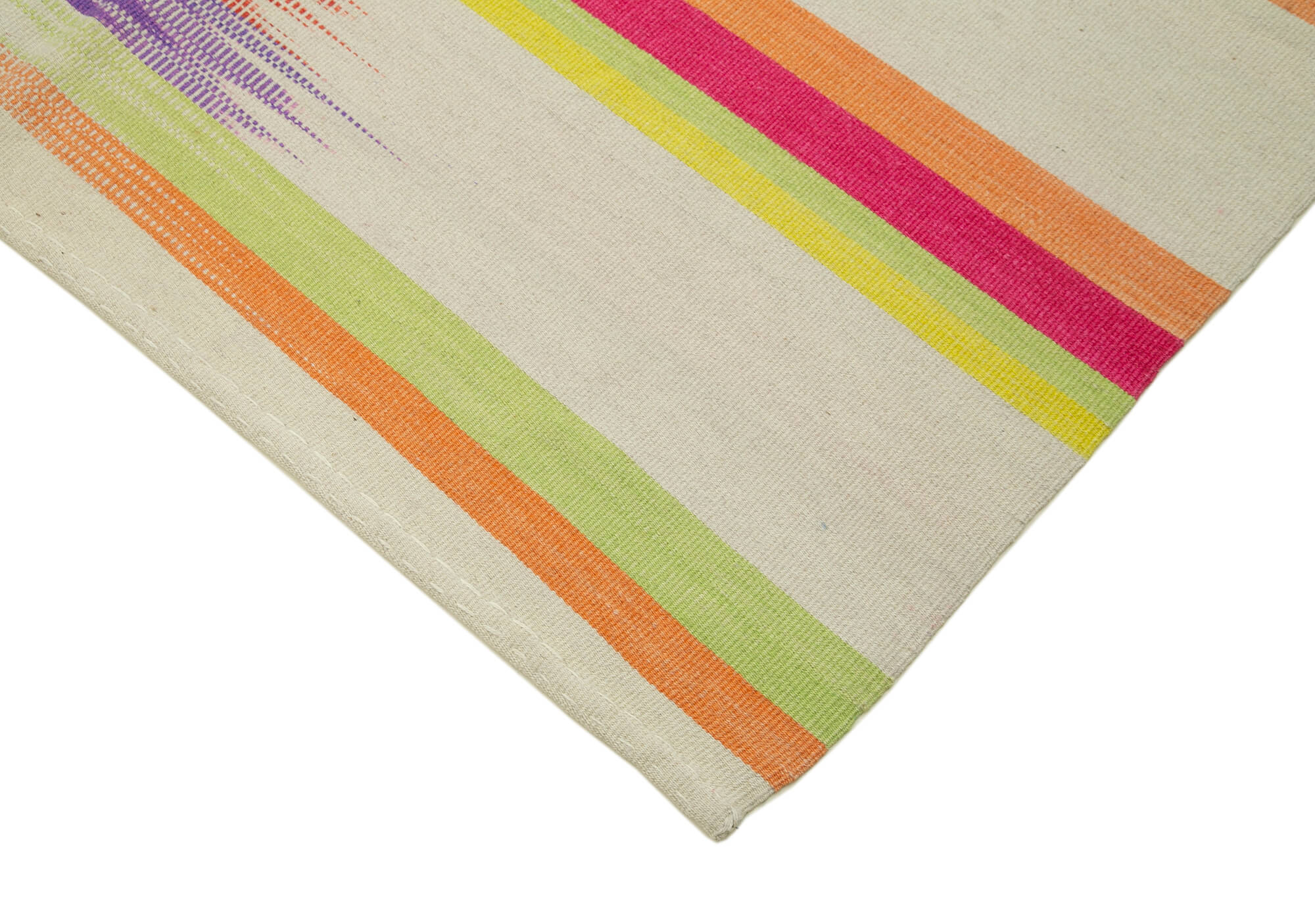 Handmade Wool Area Rug - White Striped Cotton Wool Rug 5'11" x 9'2" Vintage Kilim Carpet