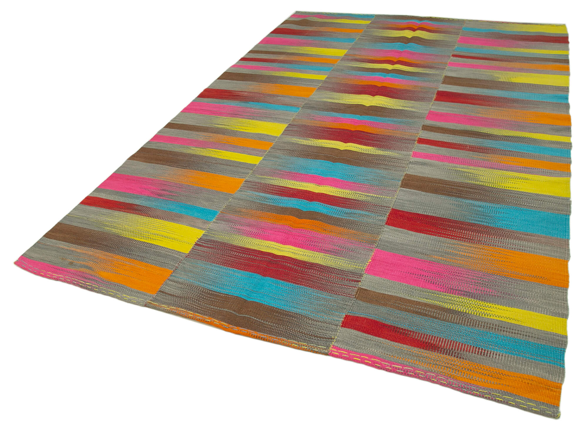 Handmade Cotton Wool Rug – White Striped Kilim | Vintage Turkish Carpet Bohemian Style