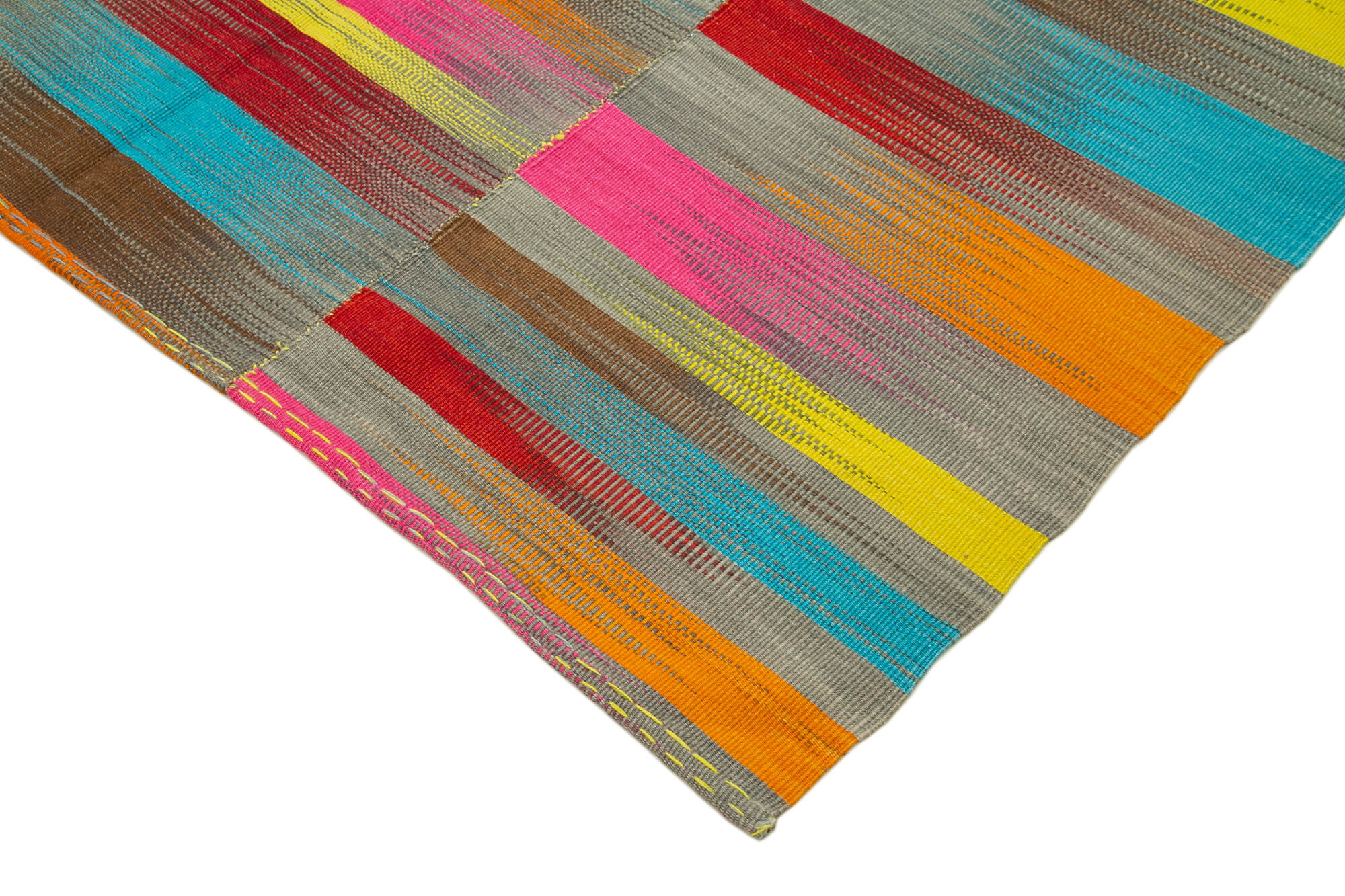 Handmade Cotton Wool Rug – White Striped Kilim | Vintage Turkish Carpet Bohemian Style