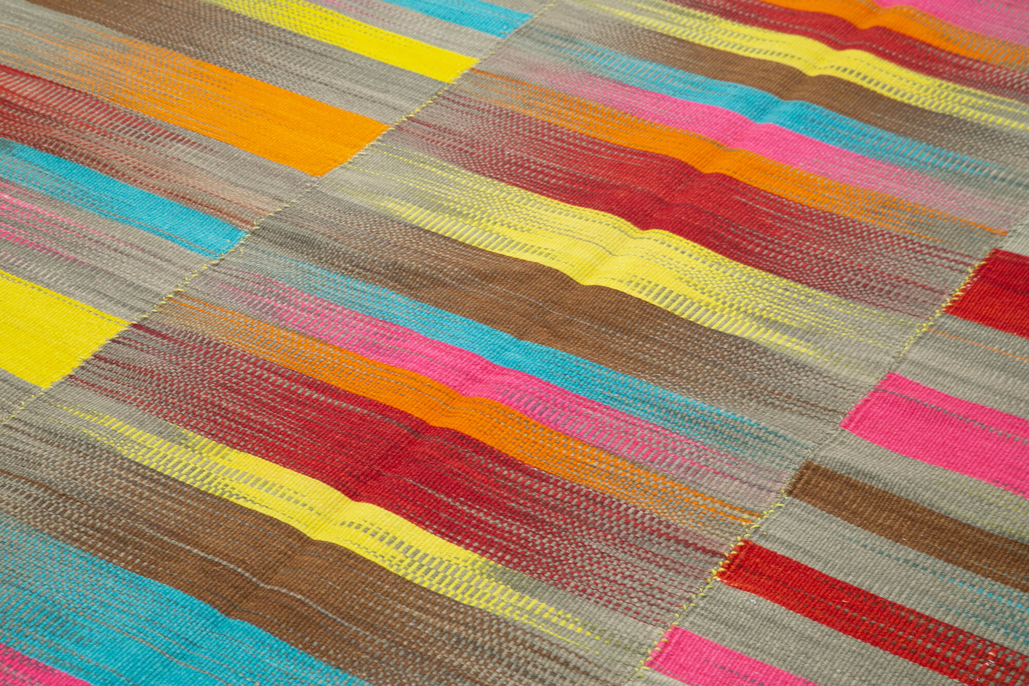 Handmade Cotton Wool Rug – White Striped Kilim | Vintage Turkish Carpet Bohemian Style