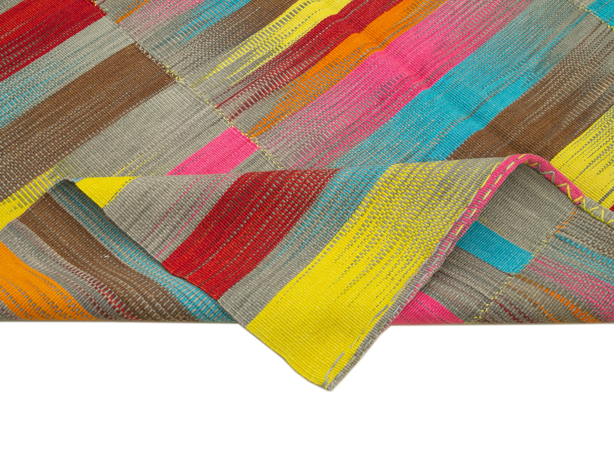 Handmade Cotton Wool Rug – White Striped Kilim | Vintage Turkish Carpet Bohemian Style