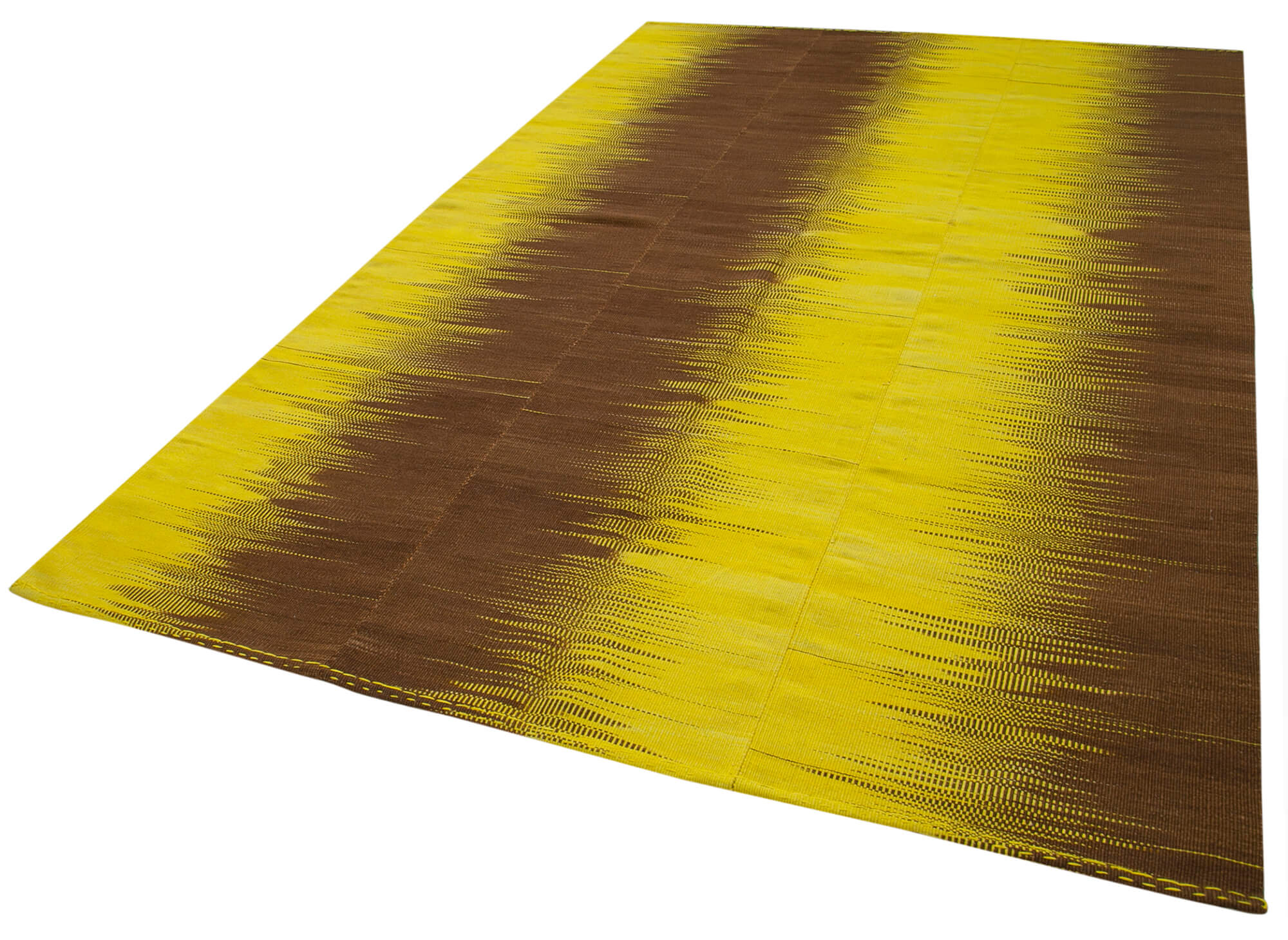 Handmade Cotton Wool Rug - Yellow Striped Turkish Kilim Flat Weave Carpet 6'10"x10'