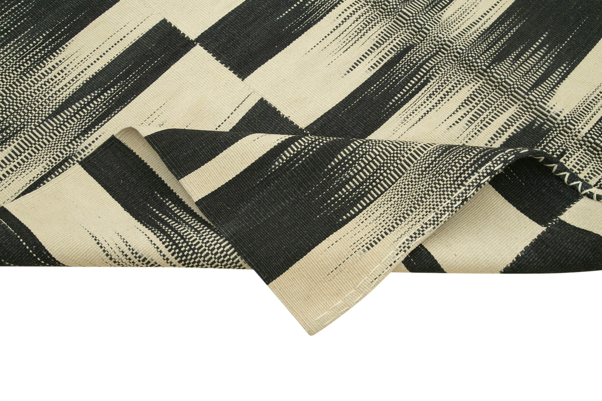 Handmade Area Rug – Black Striped Cotton Wool Kilim Carpet 6'6''x10'0''