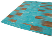 Handmade Area Rug - Vintage Kilim Turquoise Striped Cotton Wool Rug 6x9