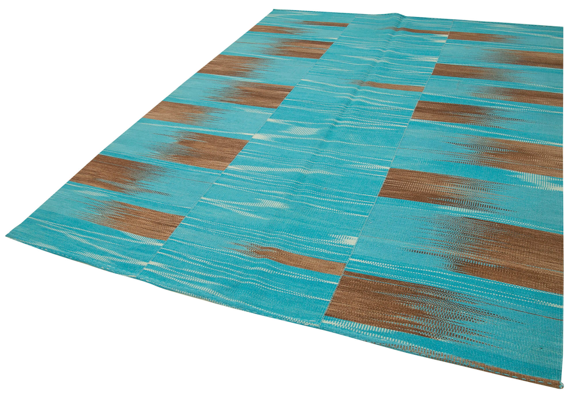 Handmade Area Rug - Vintage Kilim Turquoise Striped Cotton Wool Rug 6x9