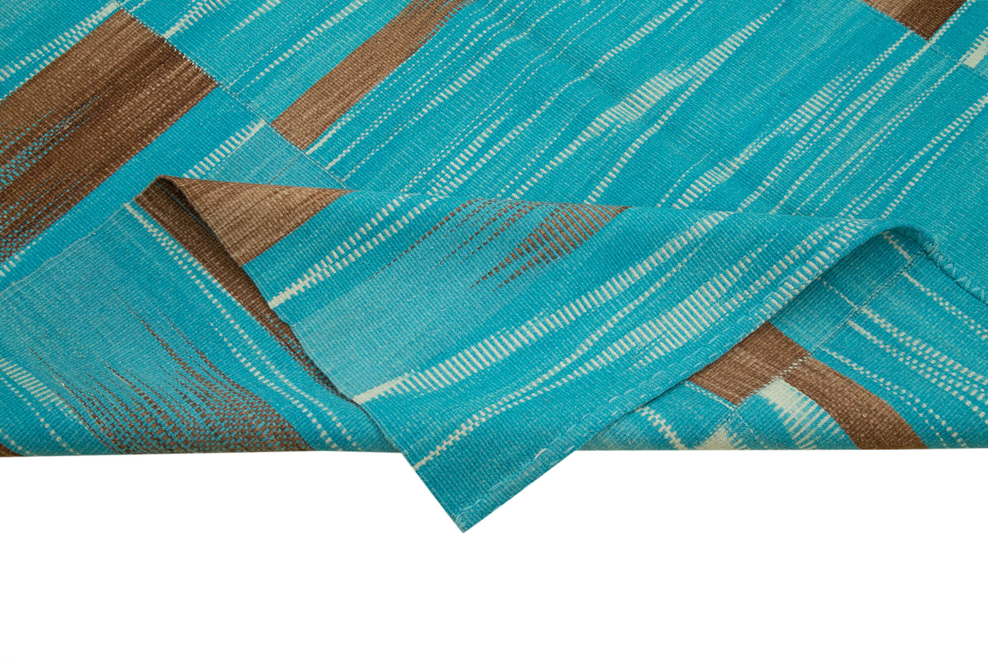 Handmade Area Rug - Vintage Kilim Turquoise Striped Cotton Wool Rug 6x9