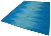 Handmade Area Rug - Blue Striped Kilim Cotton Wool 6'9"x9'3" Durable Vintage Turkish