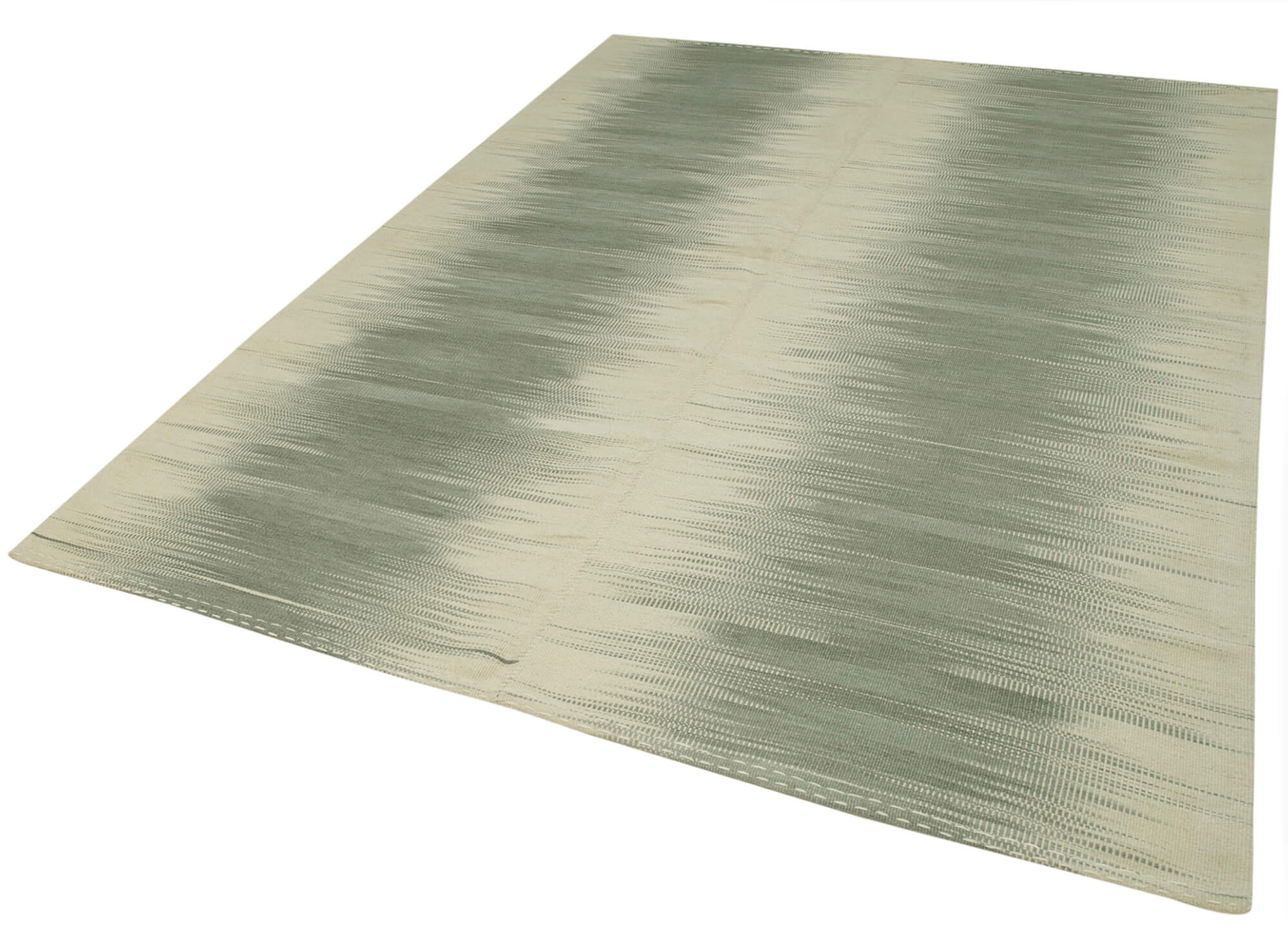 Handmade Area Rug - Green Striped Kilim Cotton Wool Carpet 6'8''x9'1'' Durable Bohemian Decor