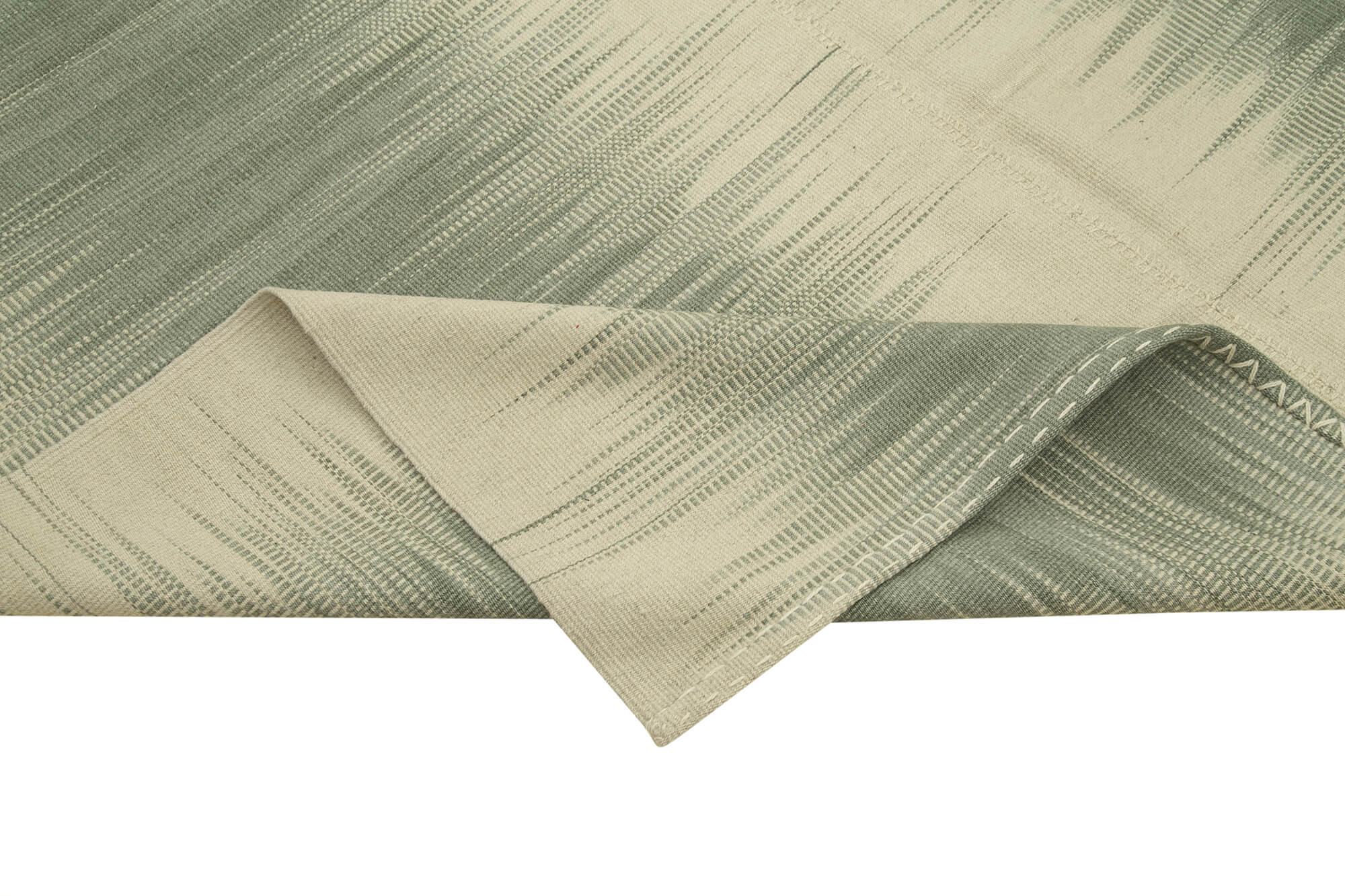 Handmade Area Rug - Green Striped Kilim Cotton Wool Carpet 6'8''x9'1'' Durable Bohemian Decor