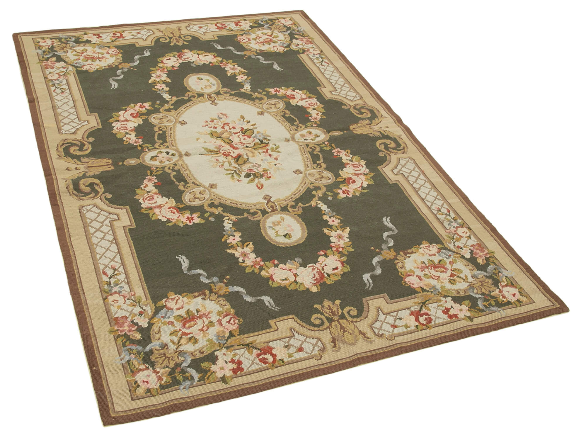 Handmade Area Rug – Needlepoint Floral Beige Cotton Wool Rug 3'10''x5'9''