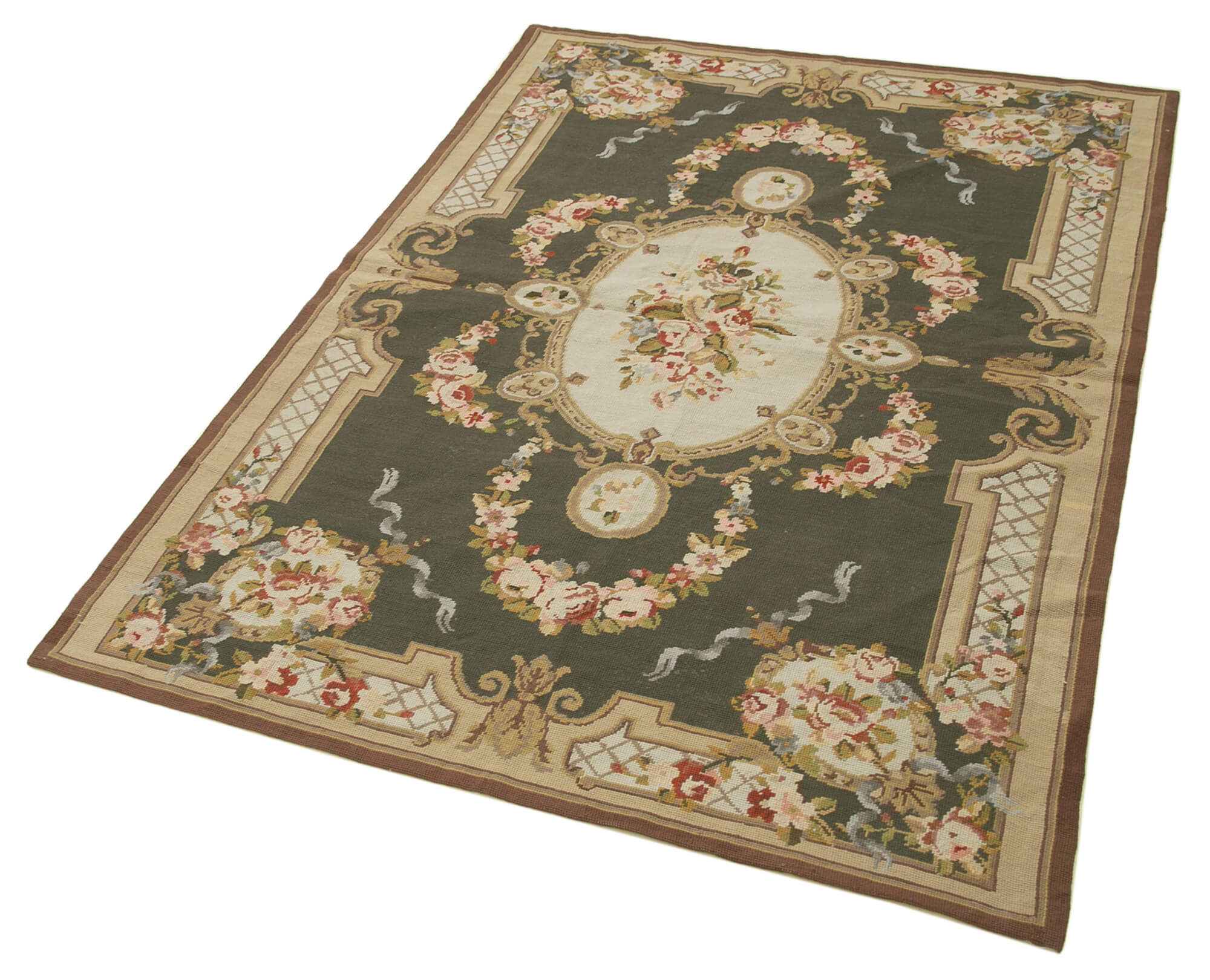 Handmade Area Rug – Needlepoint Floral Beige Cotton Wool Rug 3'10''x5'9''
