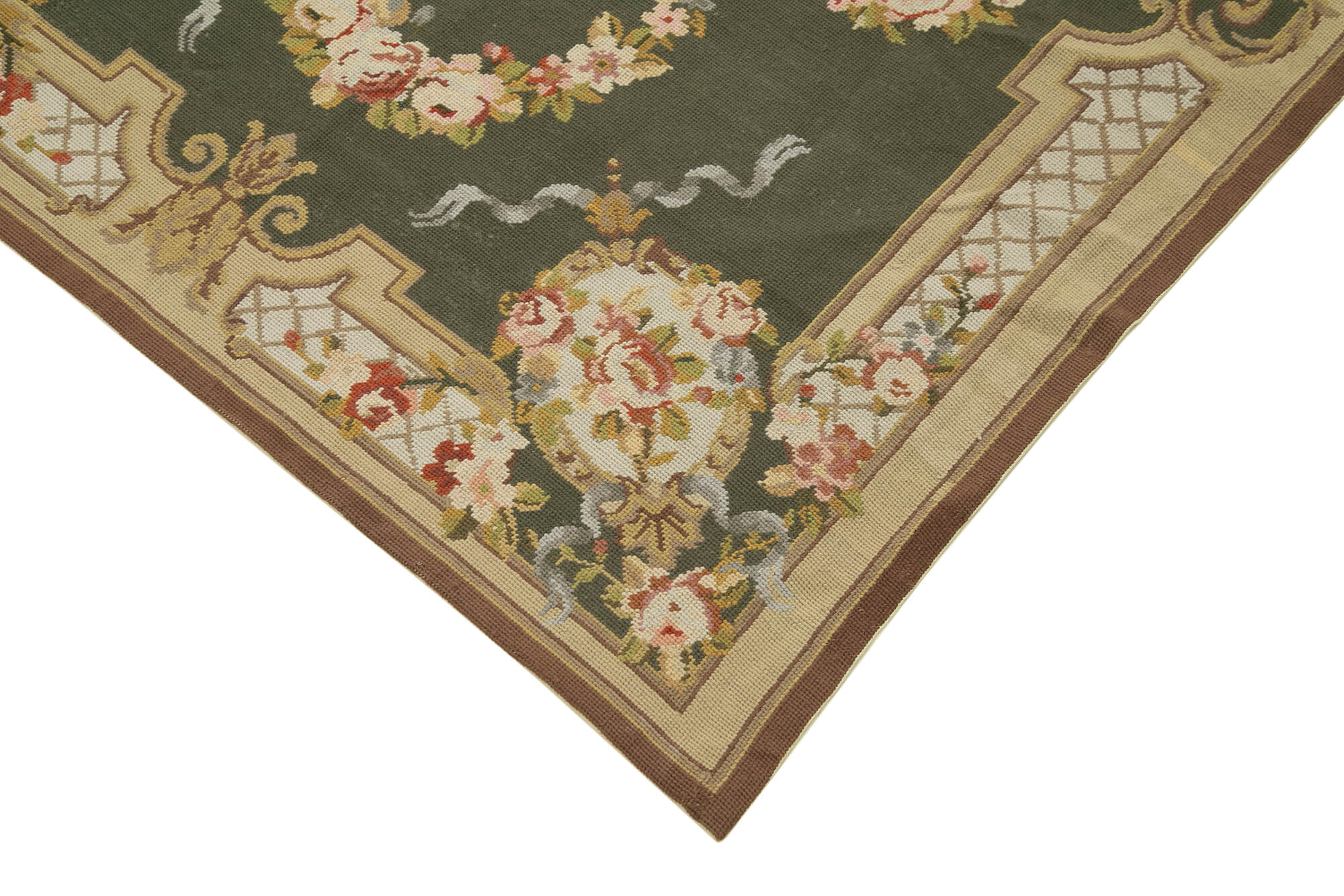 Handmade Area Rug – Needlepoint Floral Beige Cotton Wool Rug 3'10''x5'9''