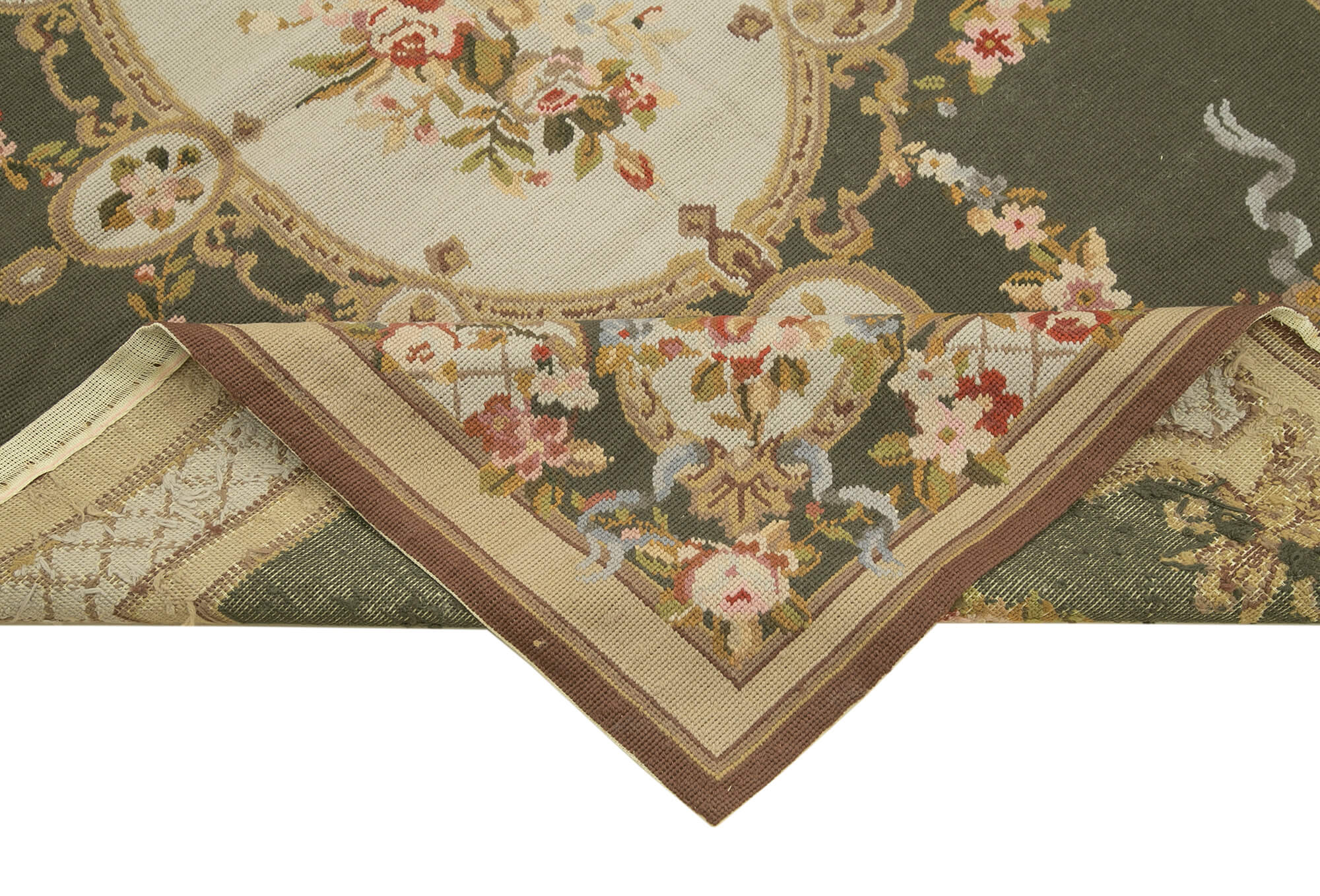 Handmade Area Rug – Needlepoint Floral Beige Cotton Wool Rug 3'10''x5'9''