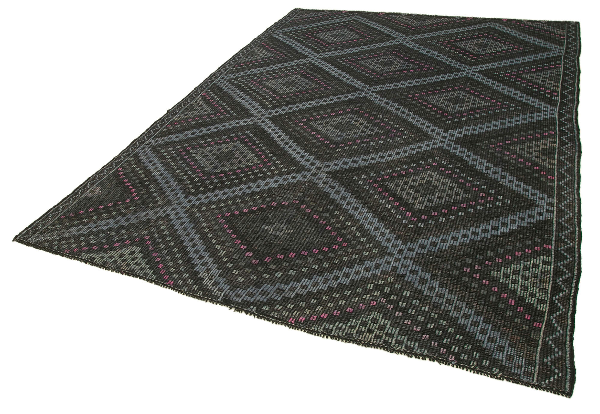 Handmade Geometric Rug – Black Cotton Wool Area Rug 6'11''x9'11'' Flat Weave