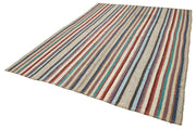 Handmade Area Rug – White Striped Cotton Wool Kilim | Hand Woven Carpet 7'4''x9'10''