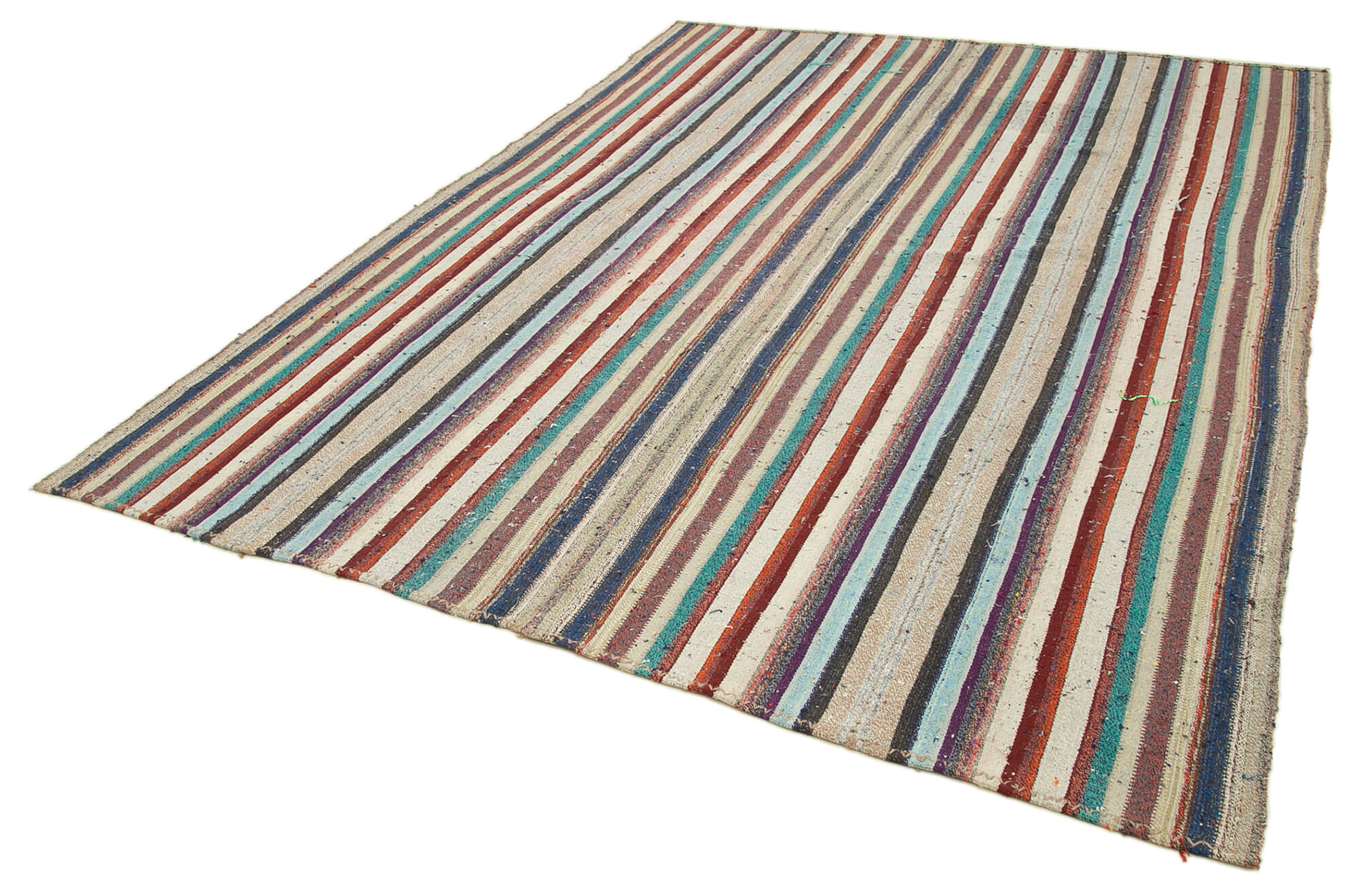 Handmade Area Rug – White Striped Cotton Wool Kilim | Hand Woven Carpet 7'4''x9'10''