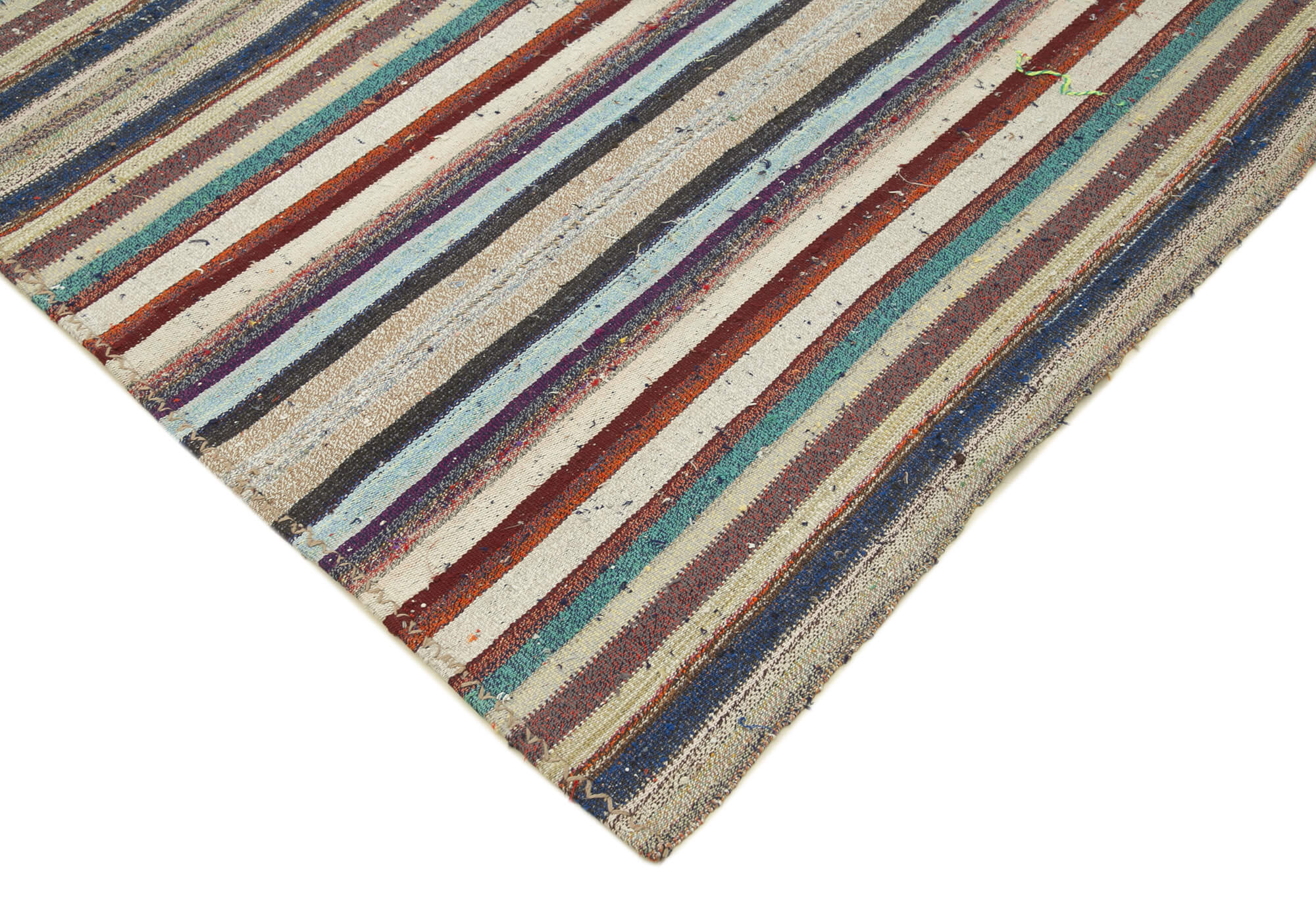 Handmade Area Rug – White Striped Cotton Wool Kilim | Hand Woven Carpet 7'4''x9'10''