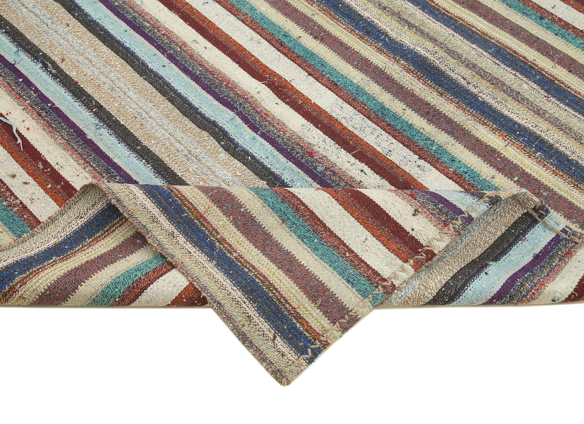 Handmade Area Rug – White Striped Cotton Wool Kilim | Hand Woven Carpet 7'4''x9'10''