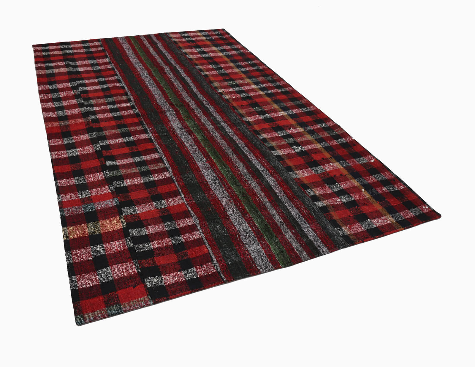 Handmade Wool Area Rug - Vintage Turkish Red Patchwork Carpet 6'3'' x 9'10''
