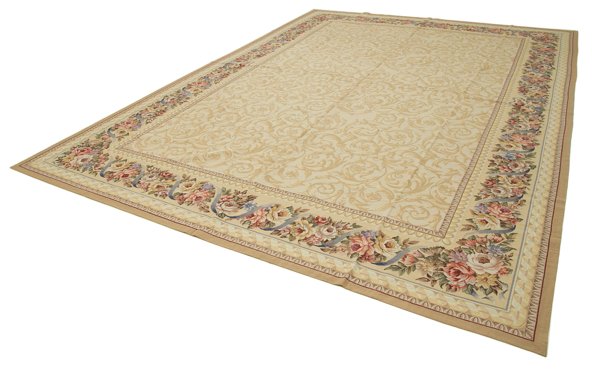 Handmade Area Rug - Vintage Wool Carpet With Classic Floral Design, 10'9'' x 14'7''