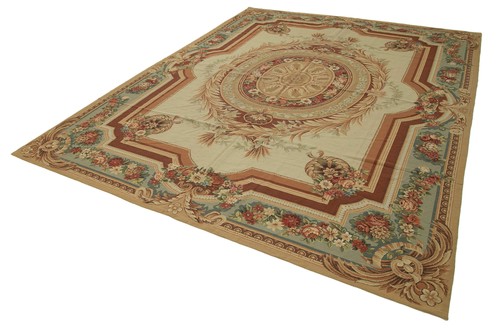 Handmade Floral Area Rug - Neutral Beige Turkish Hand Knotted Cotton Wool Rug 8'11''x11'10''