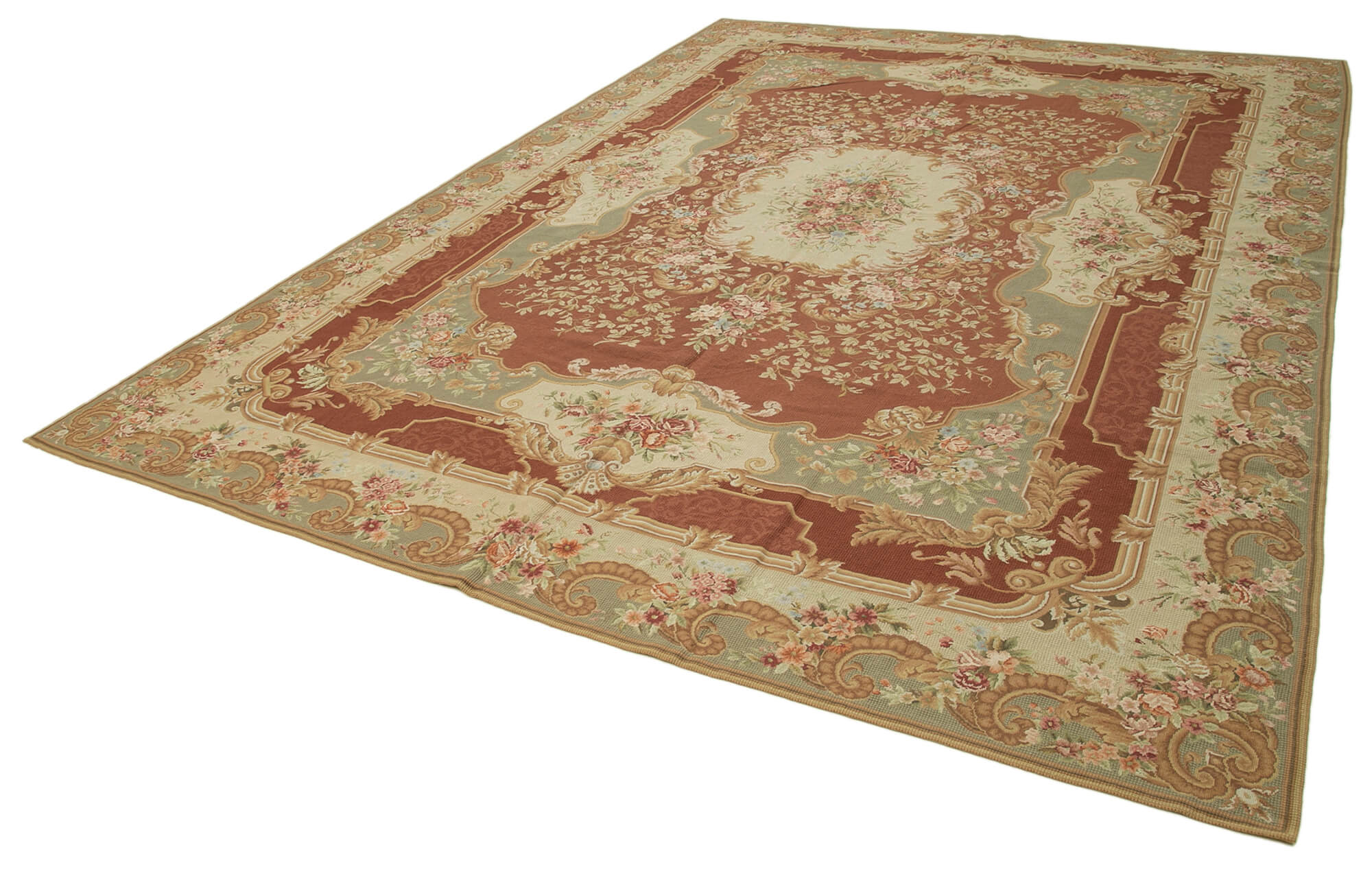 Handmade Area Rug – Classic Floral Design Beige Wool Cotton Carpet 9'6''x13'5''