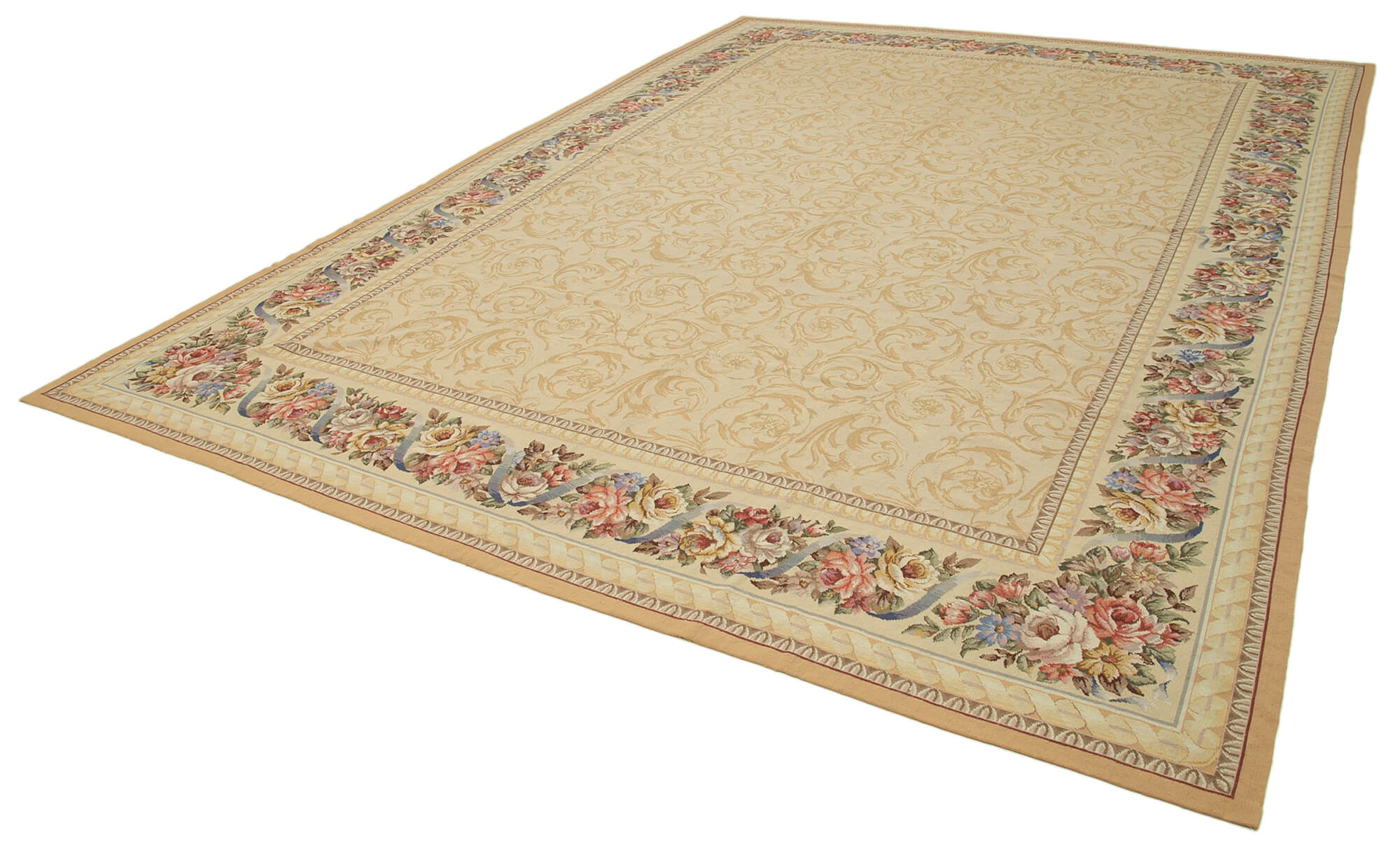 Handmade Wool Area Rug - Beige Floral Carpet, Turkish Wool, Durable Cotton Weave 10'4" x 14'7"