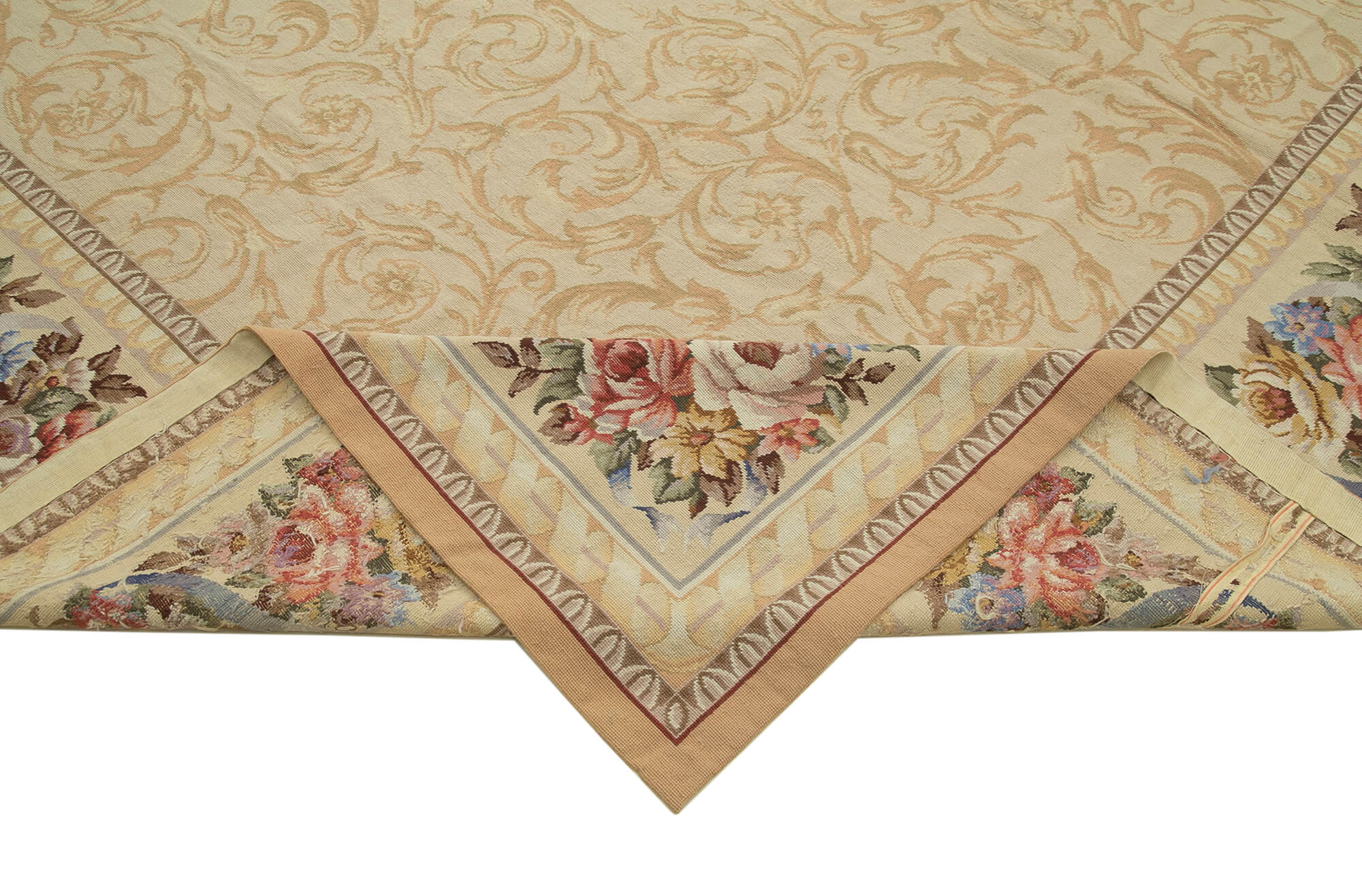 Handmade Wool Area Rug - Beige Floral Carpet, Turkish Wool, Durable Cotton Weave 10'4" x 14'7"