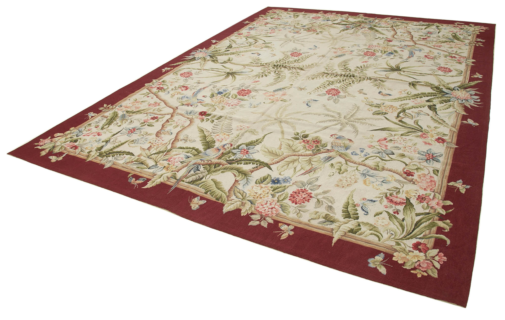 Handmade Wool Area Rug - Vintage Floral Carpet | Cotton Wool Rug 9'8''x13'11''