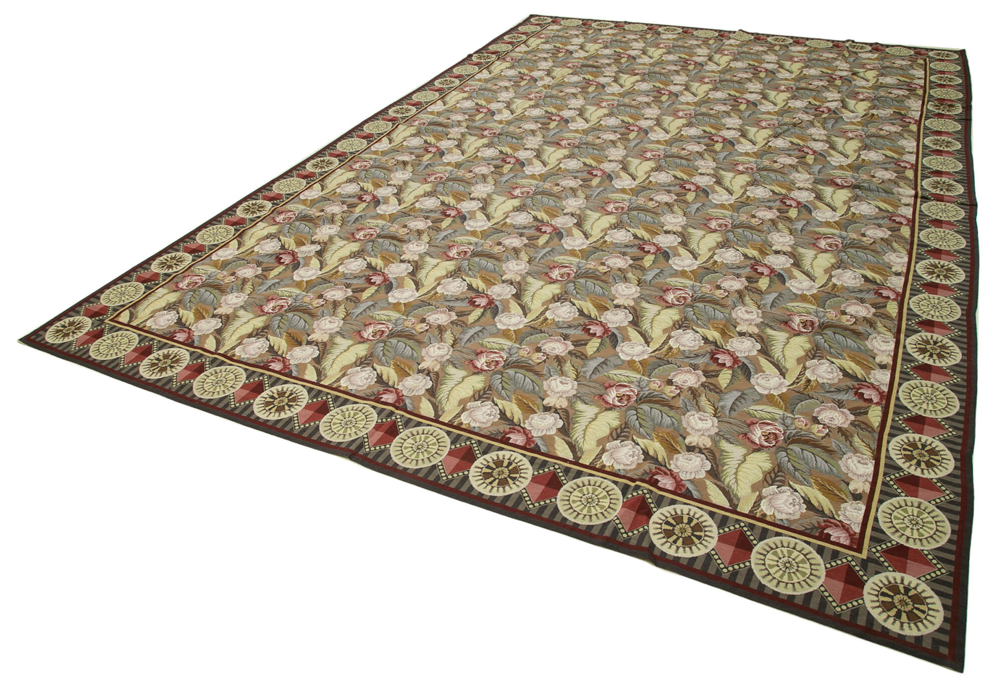 Handmade Wool Area Rug – Large 12x18 Vintage Handwoven Rug with Beige Floral Carpet