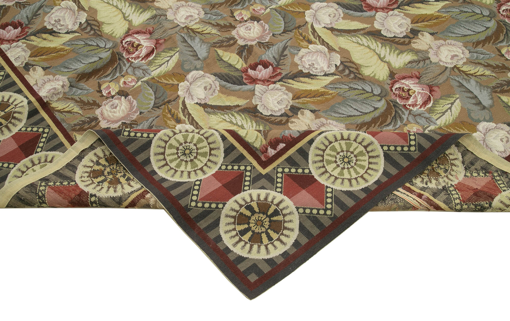 Handmade Wool Area Rug – Large 12x18 Vintage Handwoven Rug with Beige Floral Carpet