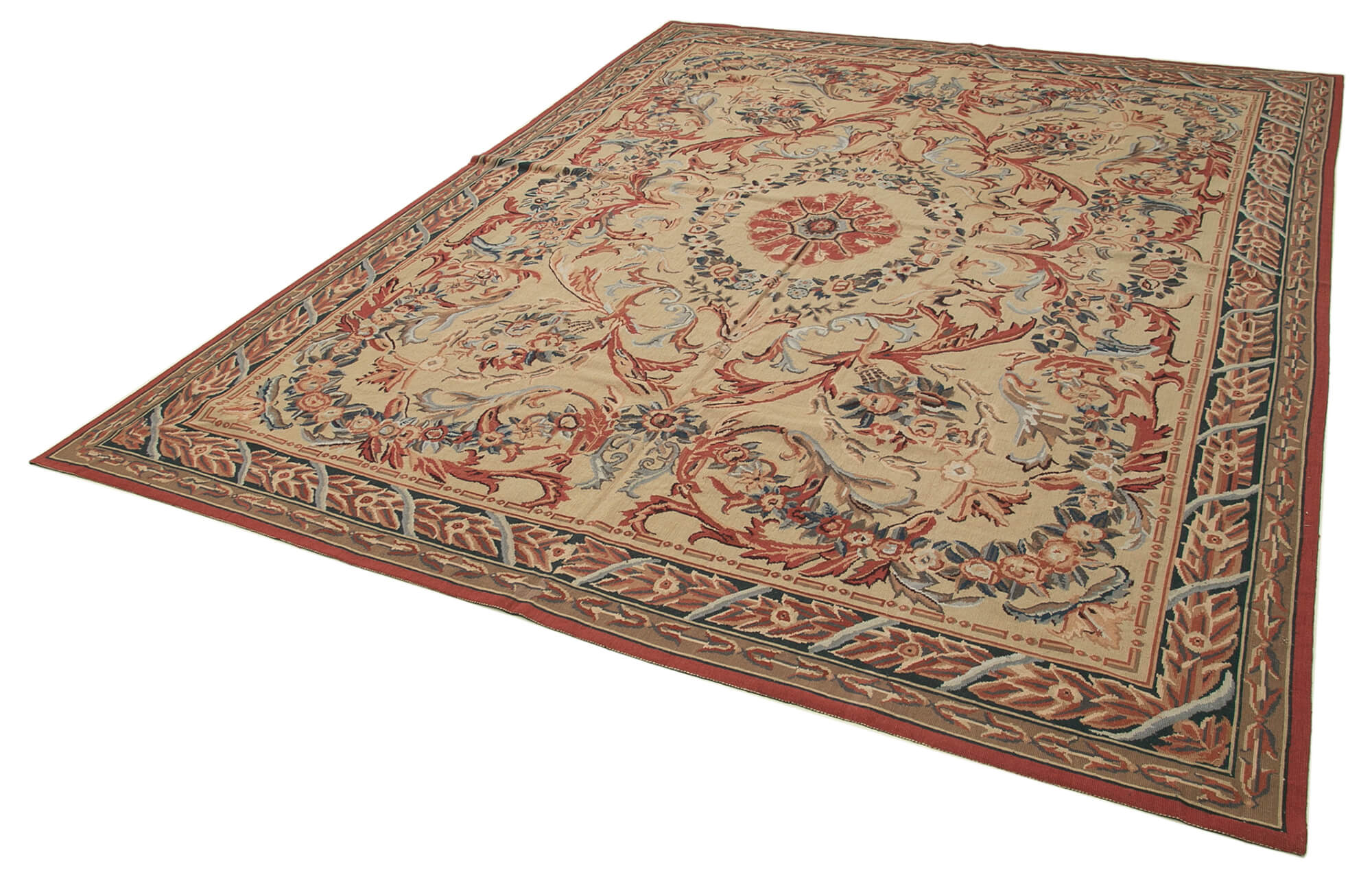 Handmade Area Rug – Vintage Wool Rug Floral Beige Cotton Wool Carpet 7'10''x10'