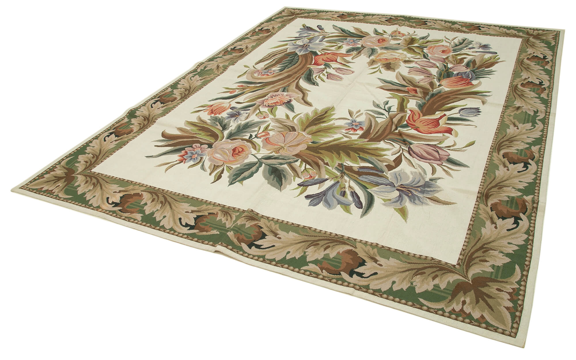 Handmade Wool Area Rug – Beige Needlepoint Floral Cotton Rug 7'11''x10'0''