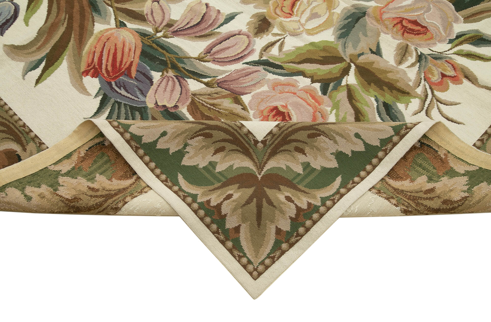 Handmade Wool Area Rug – Beige Needlepoint Floral Cotton Rug 7'11''x10'0''
