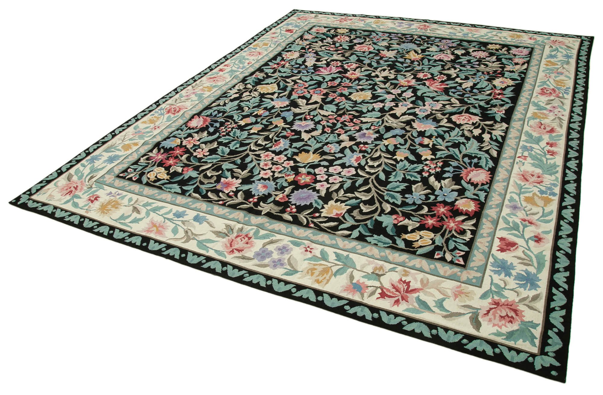 Handmade Floral Area Rug – Vintage Wool Carpet With Black Floral Pattern 7'9''x9'11''