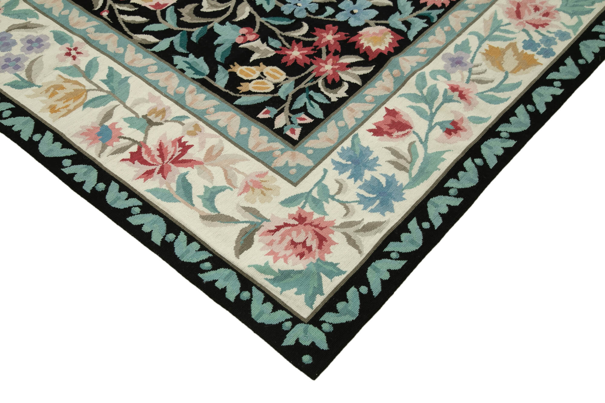 Handmade Floral Area Rug – Vintage Wool Carpet With Black Floral Pattern 7'9''x9'11''