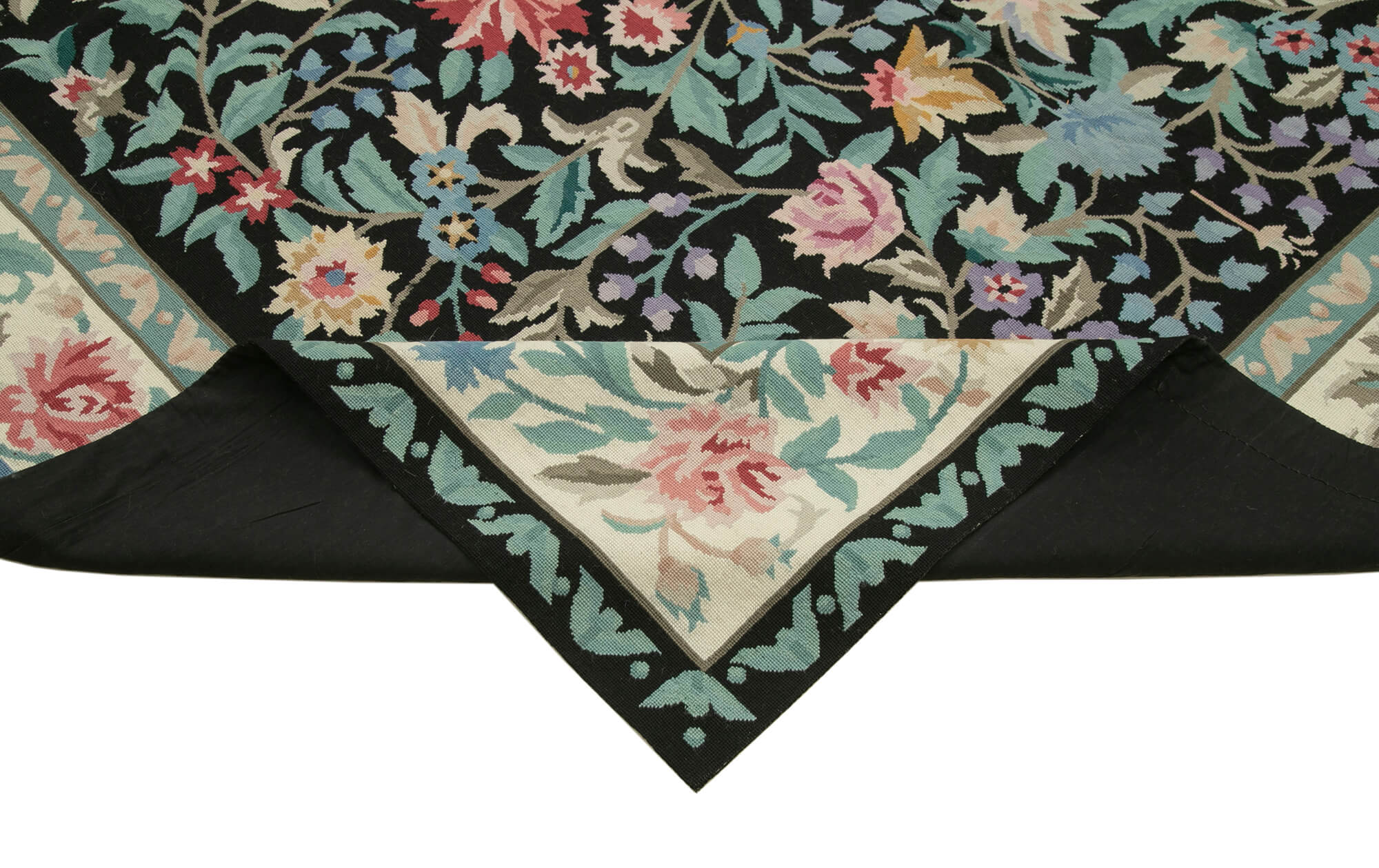 Handmade Floral Area Rug – Vintage Wool Carpet With Black Floral Pattern 7'9''x9'11''