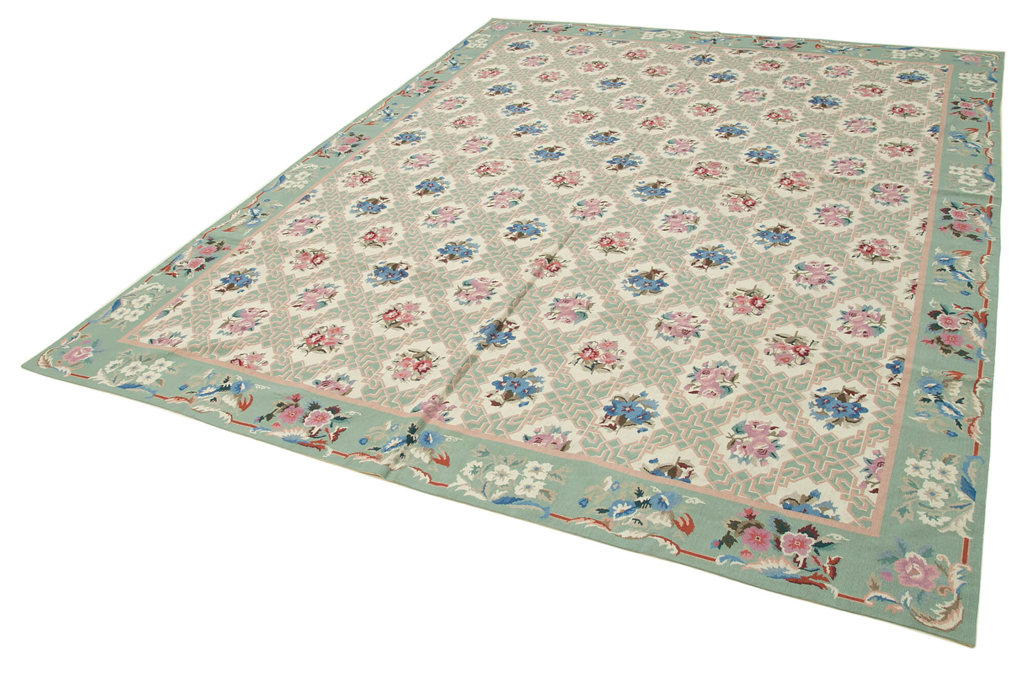 Handmade Wool Area Rug - Blue Floral Vintage Hand Woven Rug 7x10 Feet
