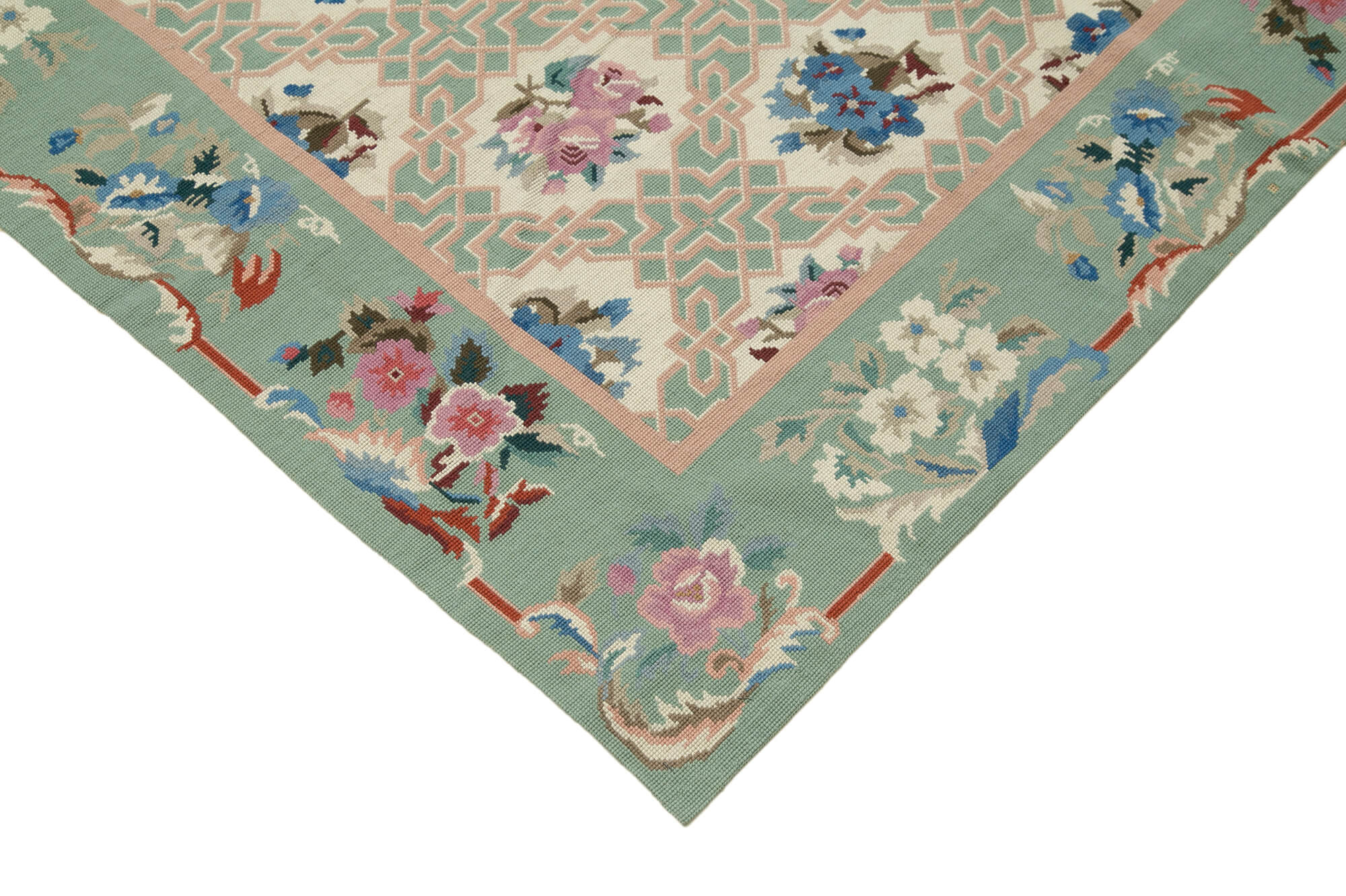 Handmade Wool Area Rug - Blue Floral Vintage Hand Woven Rug 7x10 Feet
