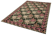 Handmade Floral Area Rug – Black Floral Needlepoint Carpet 5'10''x9'0'' Vintage Wool