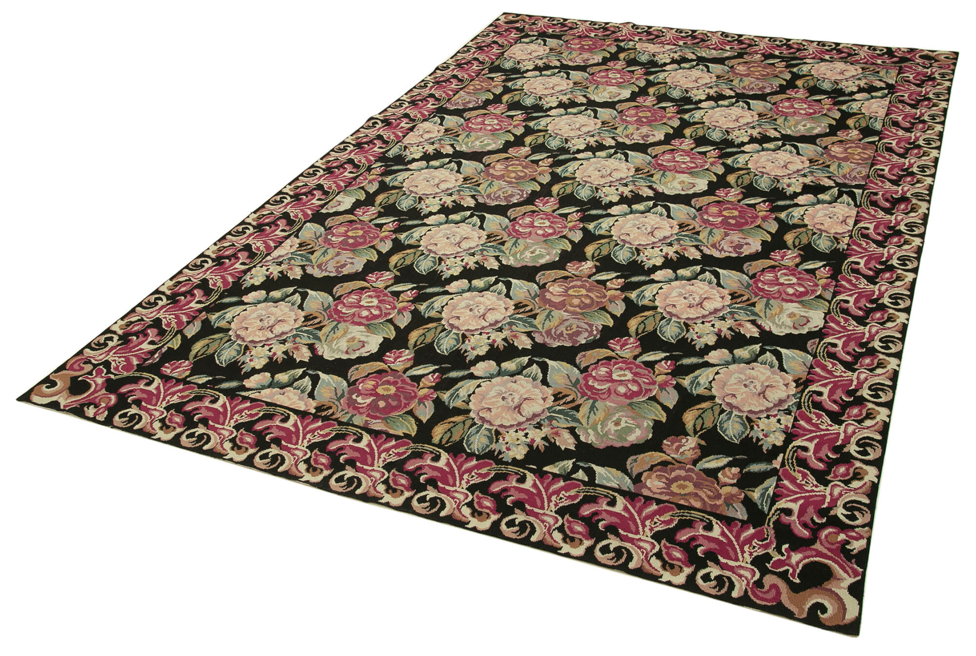 Handmade Floral Area Rug – Black Floral Needlepoint Carpet 5'10''x9'0'' Vintage Wool