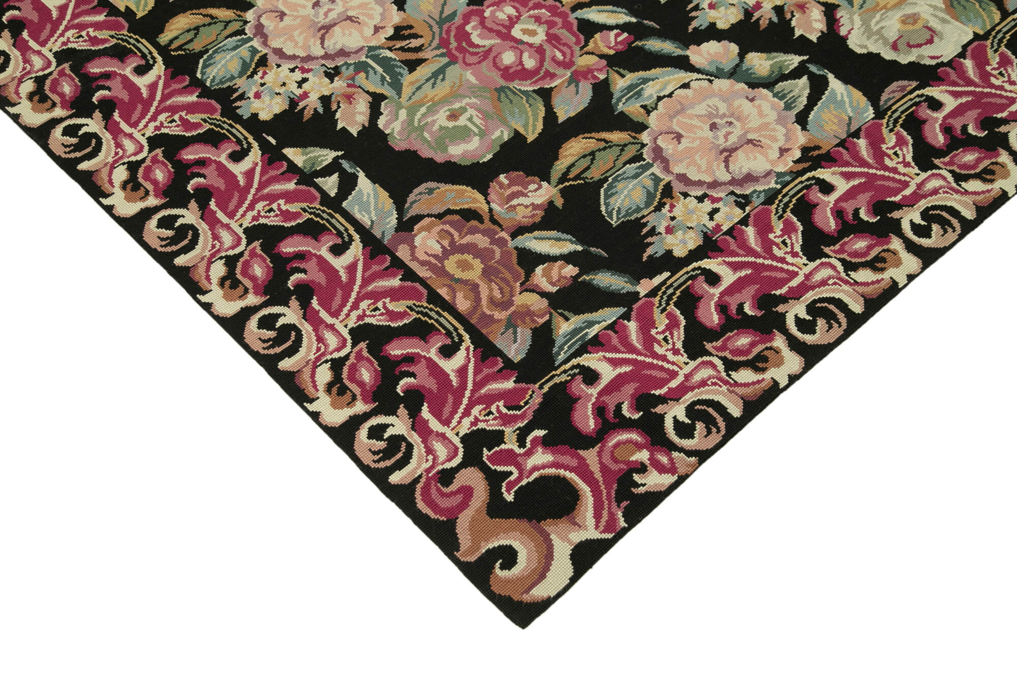 Handmade Floral Area Rug – Black Floral Needlepoint Carpet 5'10''x9'0'' Vintage Wool