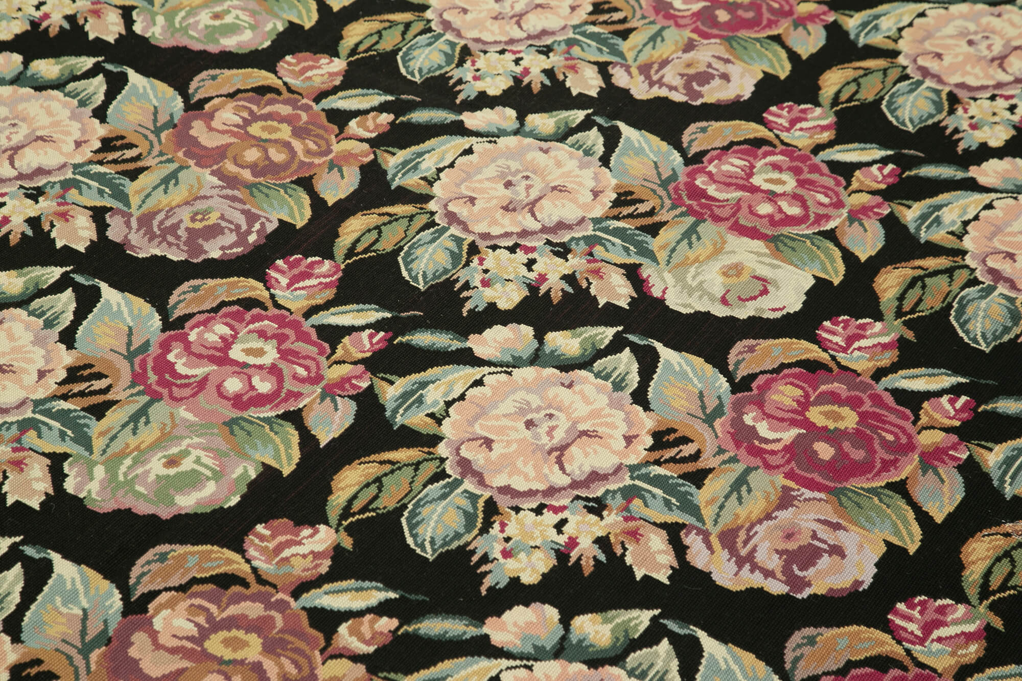 Handmade Floral Area Rug – Black Floral Needlepoint Carpet 5'10''x9'0'' Vintage Wool
