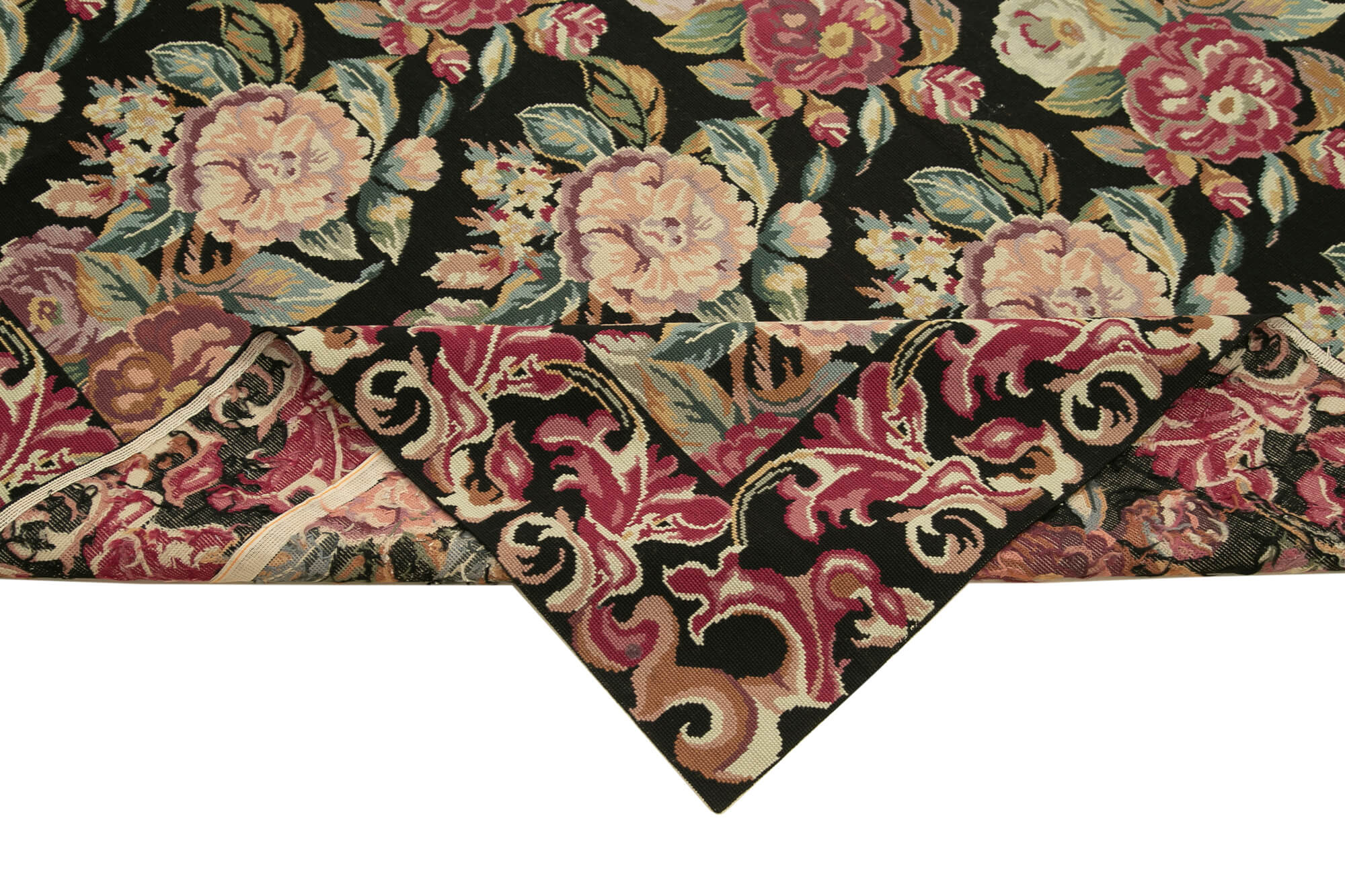 Handmade Floral Area Rug – Black Floral Needlepoint Carpet 5'10''x9'0'' Vintage Wool