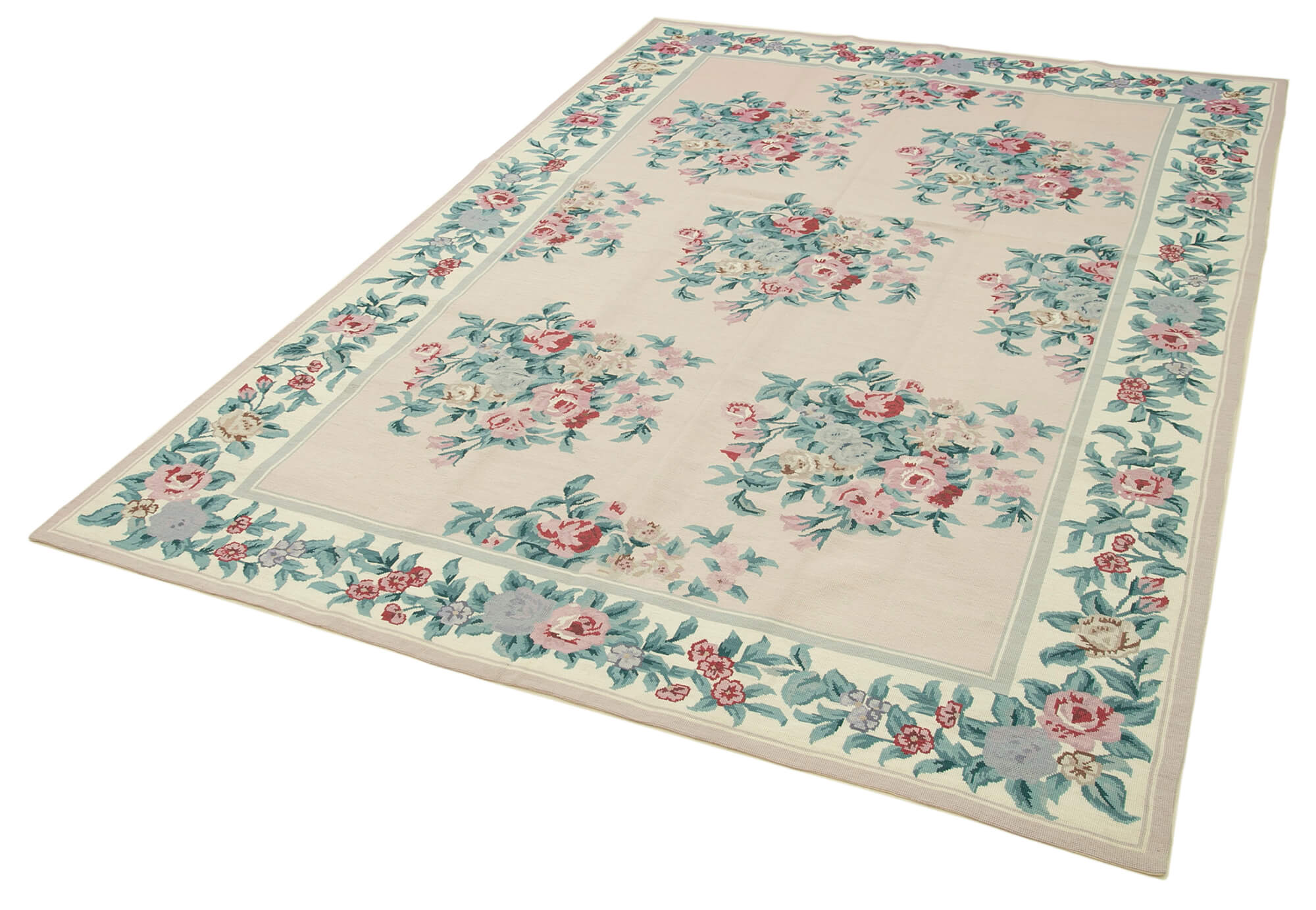 Handmade Floral Area Rug – Pink Floral Rug, Vintage Wool & Cotton Wool Carpet 5'8''x8'4''